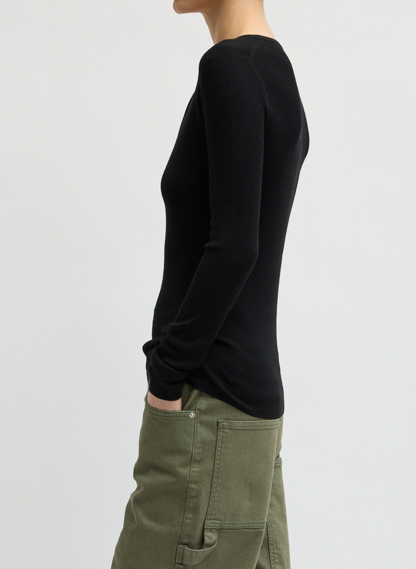 Black Feather Weight Ribbed V-Neck - long sleeve knit top, side view on model