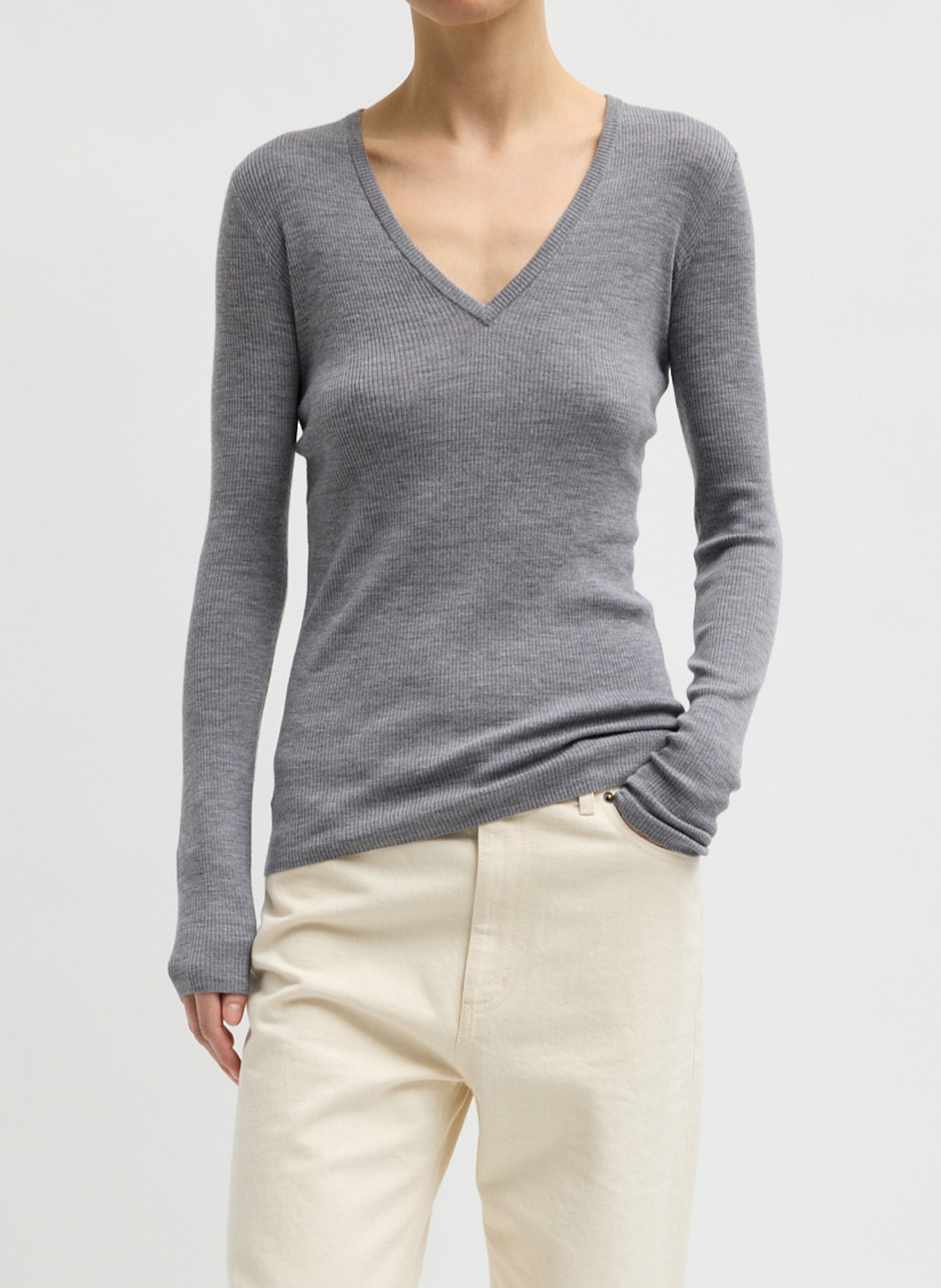 Feather Weight Ribbed Sweater V-Neck Pullover - Light Heather Grey Feather Weight Ribbed V-Neck - long sleeve knit top, front view on model