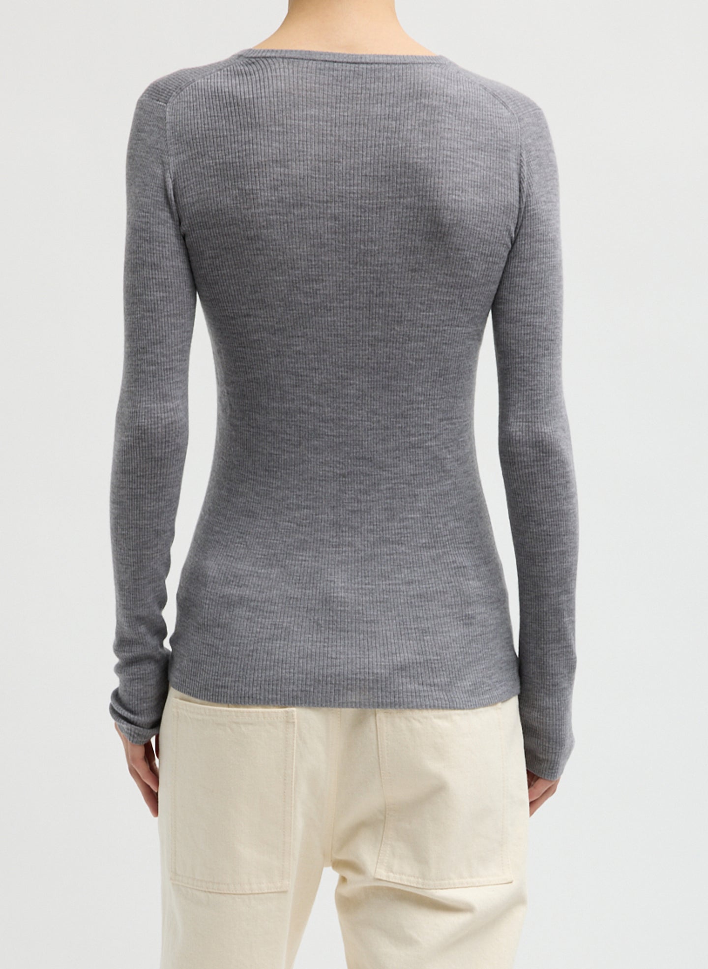 Light Heather Grey Feather Weight Ribbed V-Neck - long sleeve knit top, back view on model