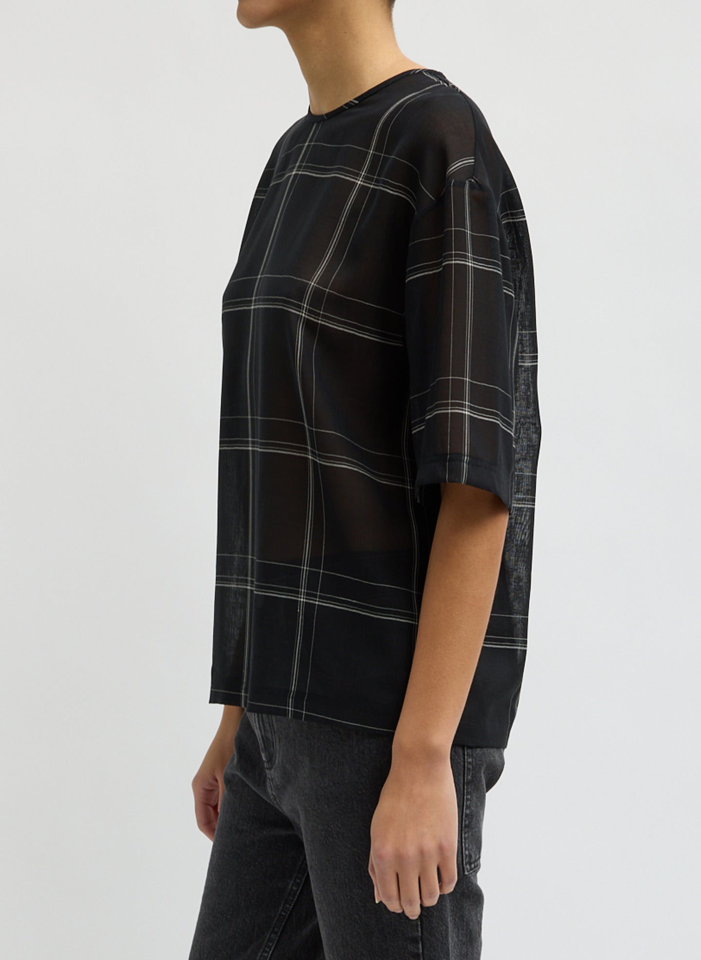 Black Checked Sheer Wool Gauze Easy T-Shirt - oversized tee, side view on model