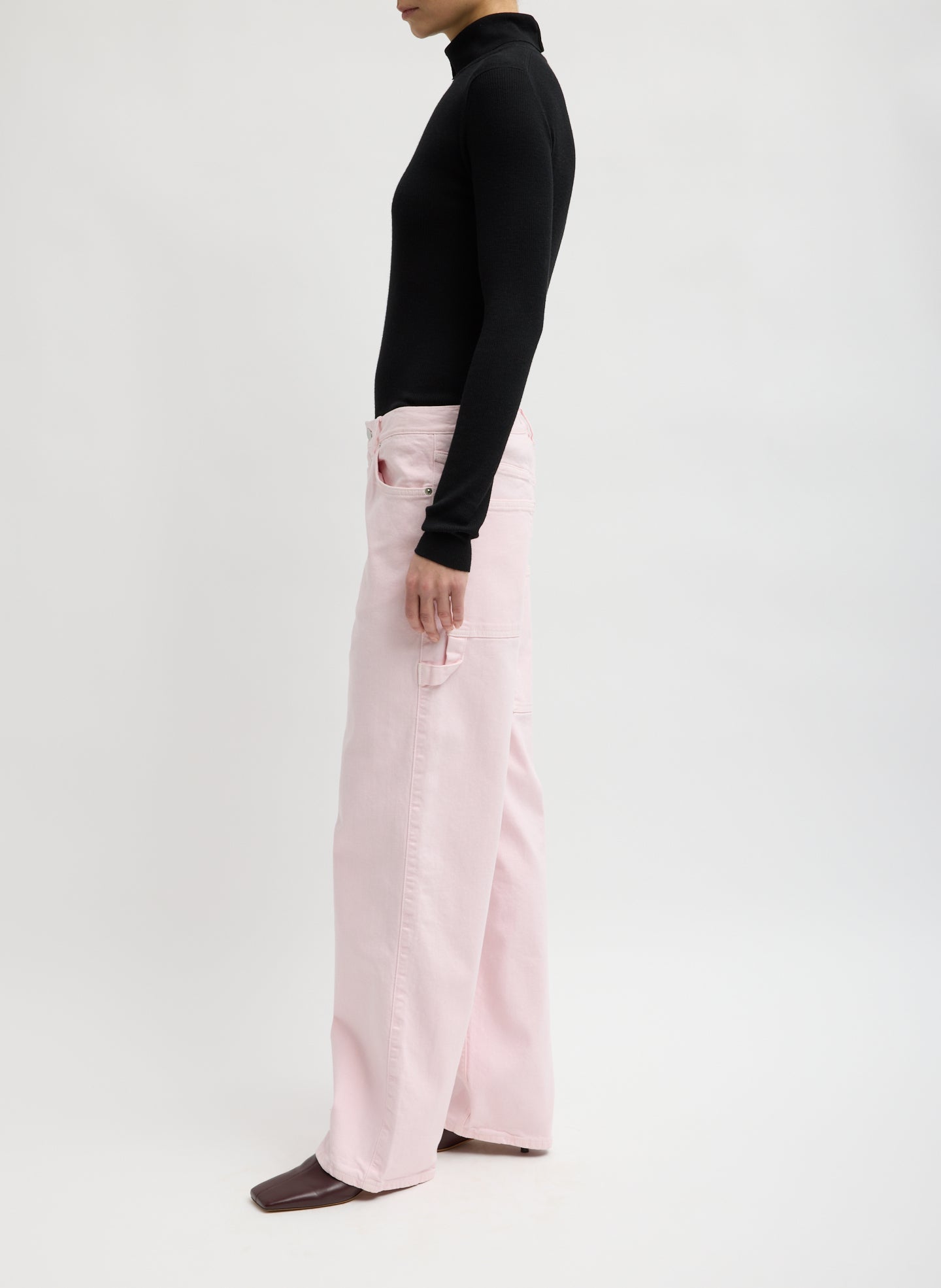 Light Pink Garment Wash Stretch Twill Slouchy Carpenter Jean - side view on model