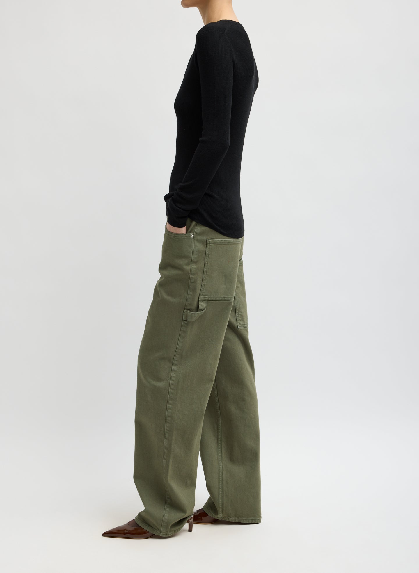 Dark Green Garment Wash Stretch Twill Slouchy Carpenter Jean - side view on model