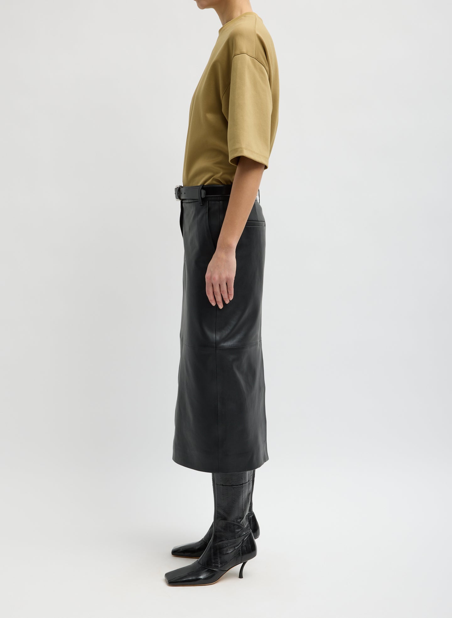 Black Leather Midi Trouser Skirt - side view on model