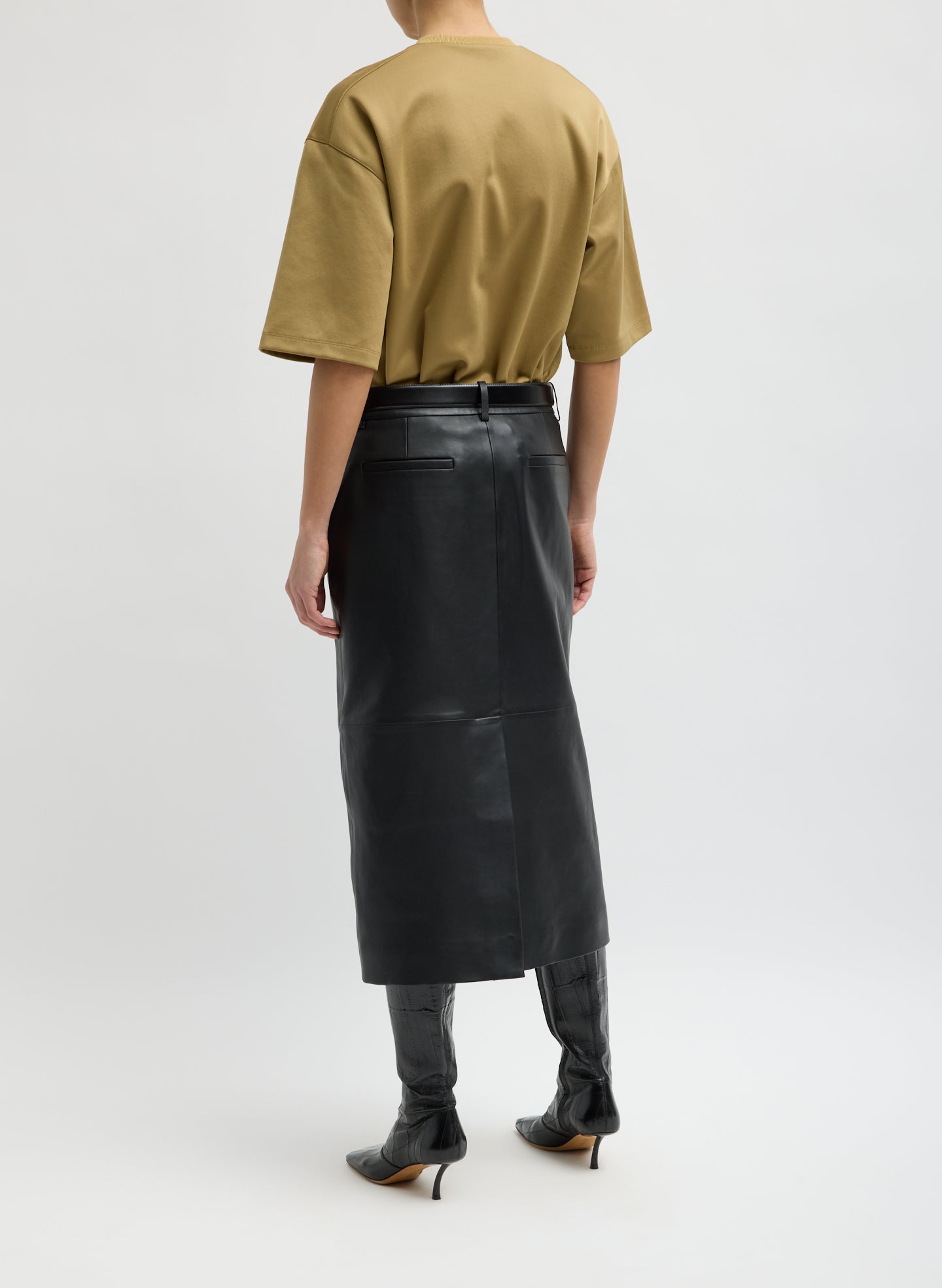 Black Leather Midi Trouser Skirt - back view on model