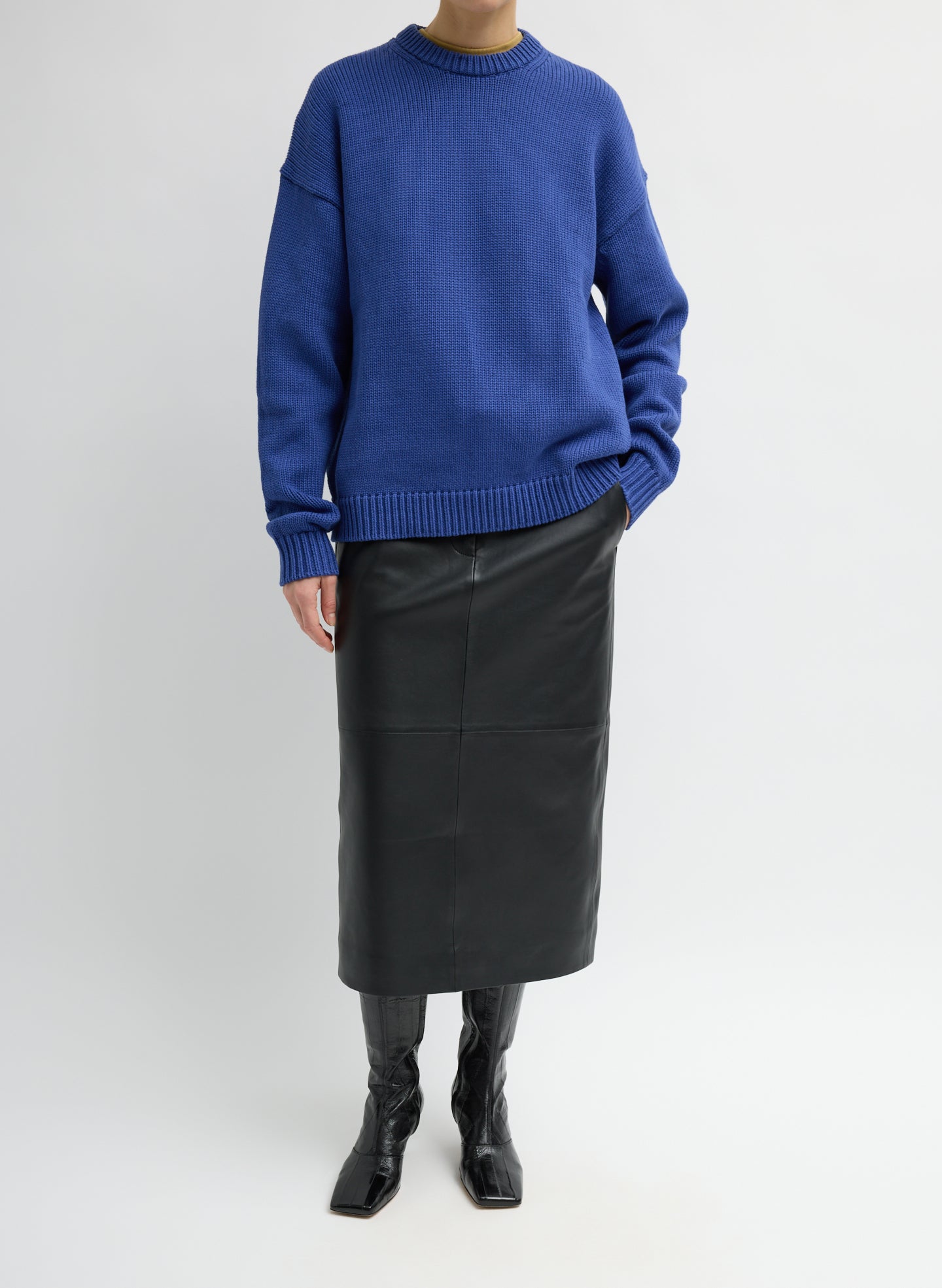 Black Leather Midi Trouser Skirt - front view on model