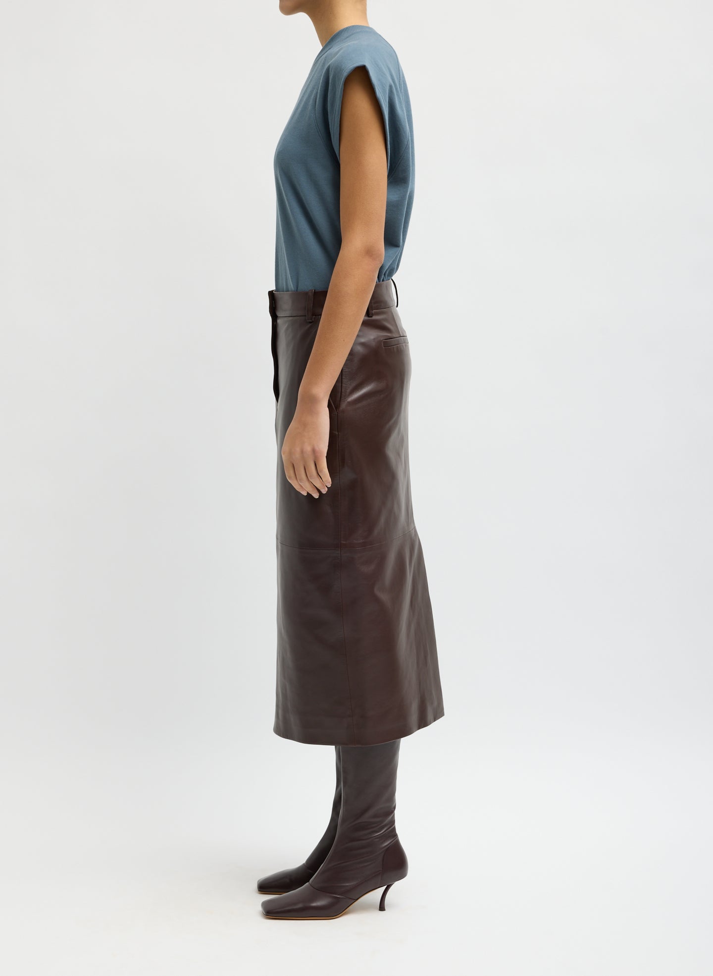 Brown Leather Midi Trouser Skirt - side view on model
