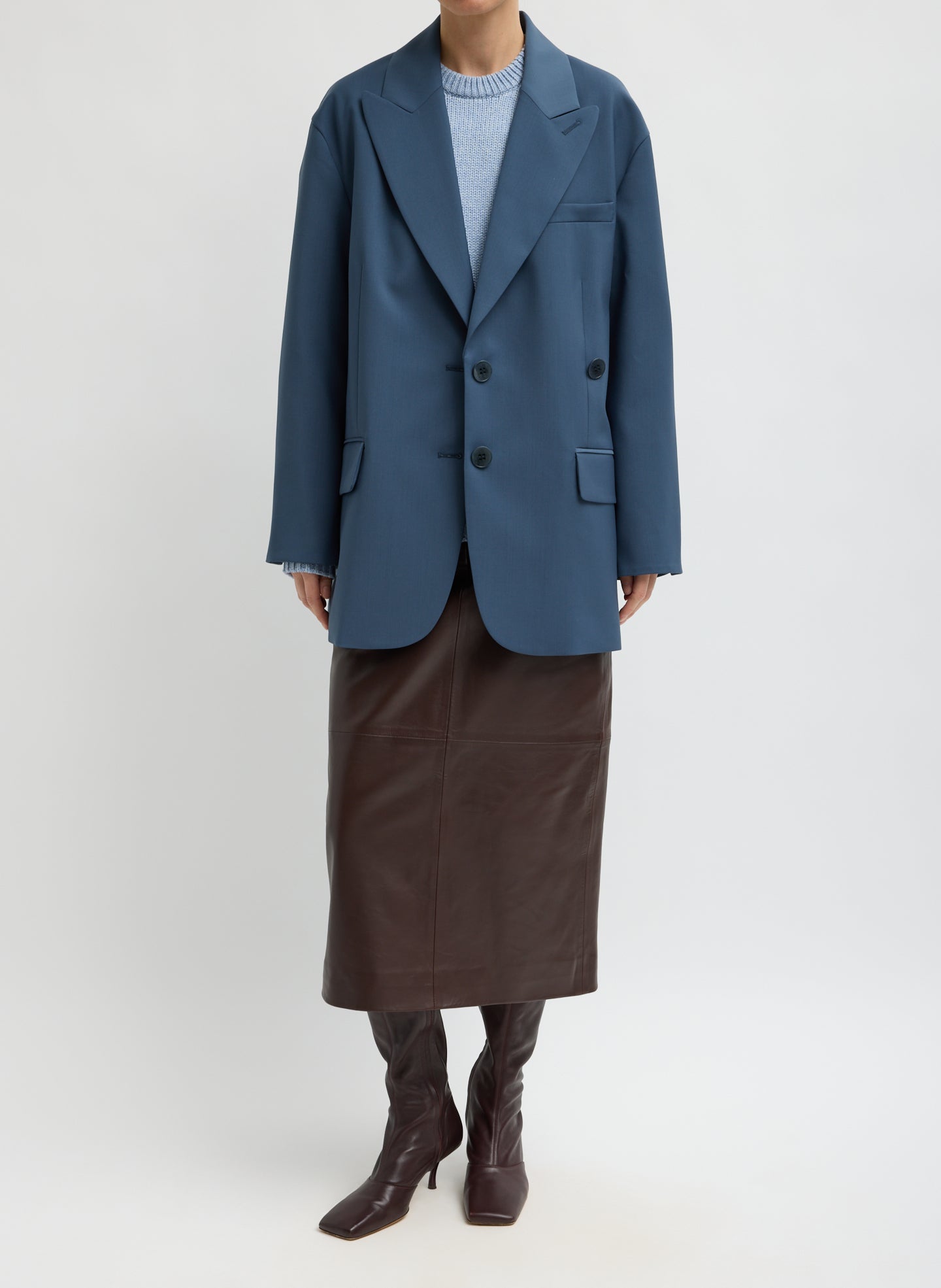 Brown Leather Midi Trouser Skirt - full look, front view on model