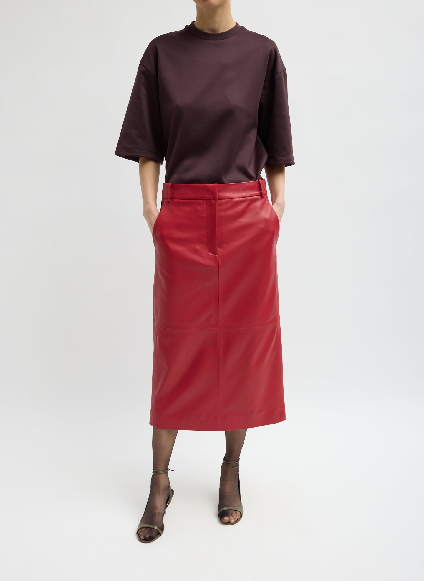 Red Leather Midi Trouser Skirt - front view on model