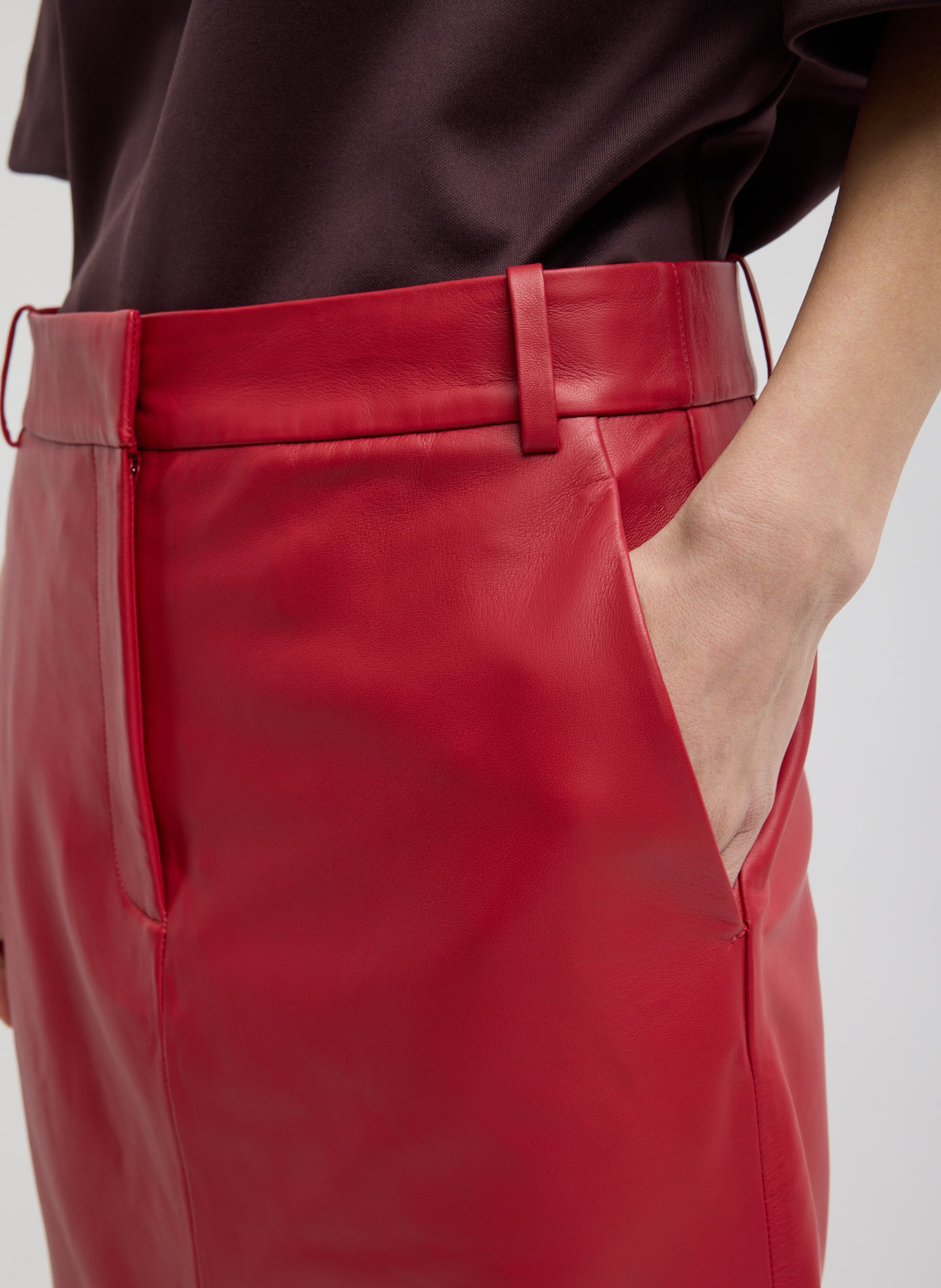Red Leather Midi Trouser Skirt - closeup of side pocket detail