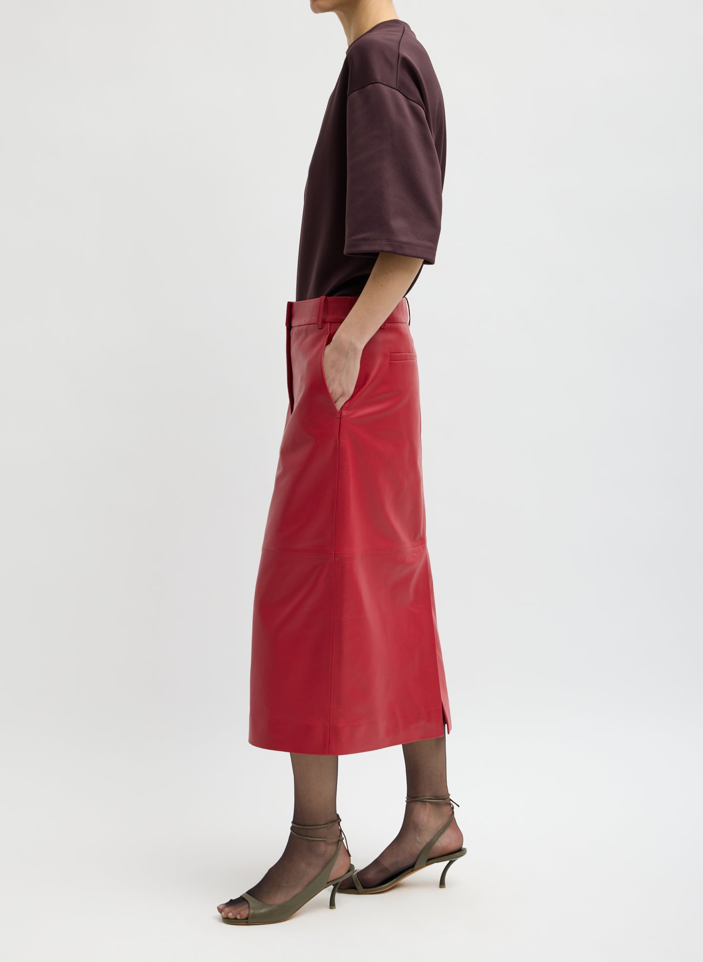 Red Leather Midi Trouser Skirt - side view on model