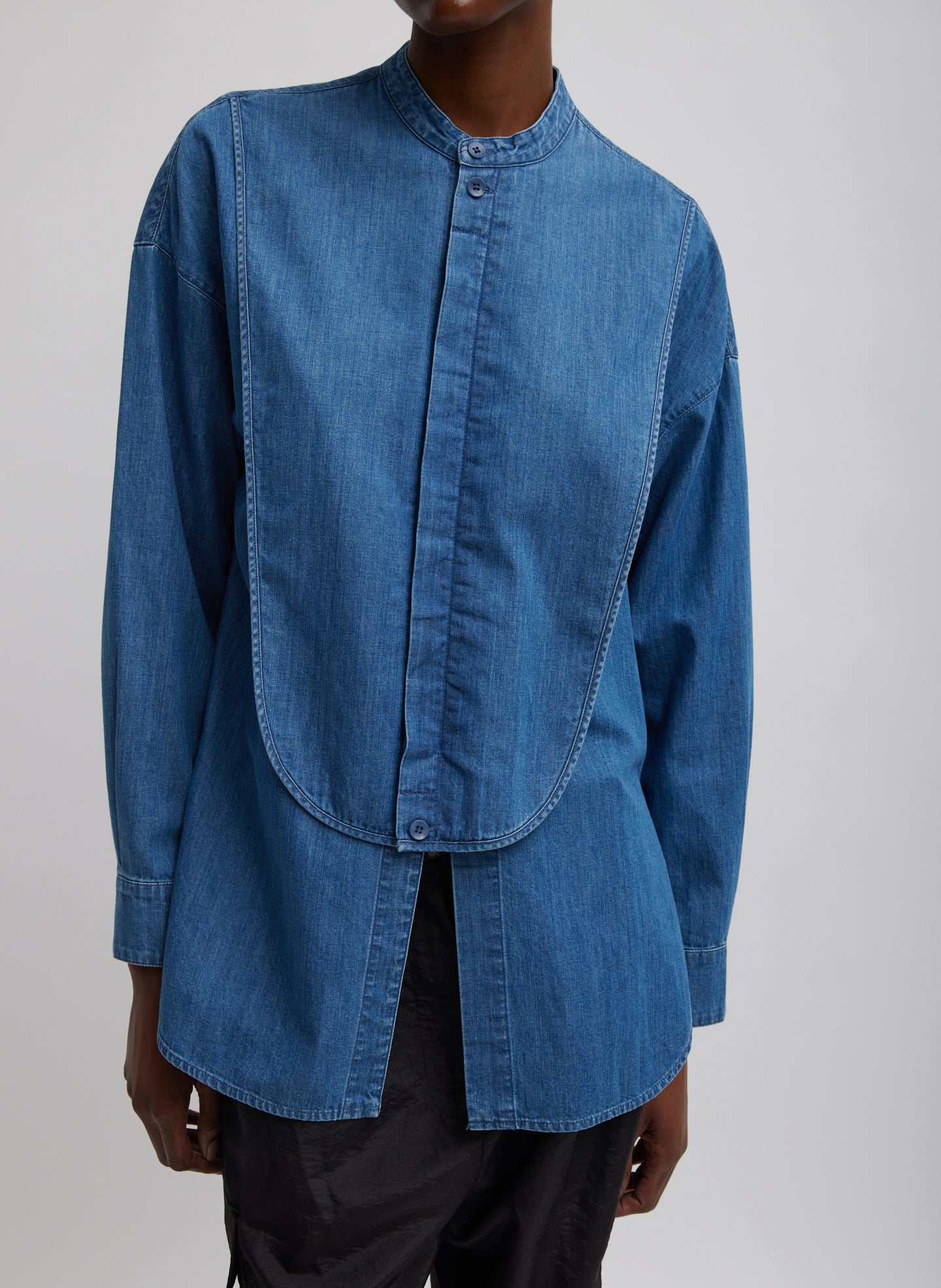 Light Weight Stone Wash Denim Tuxedo Shirt - Denim Blue-1