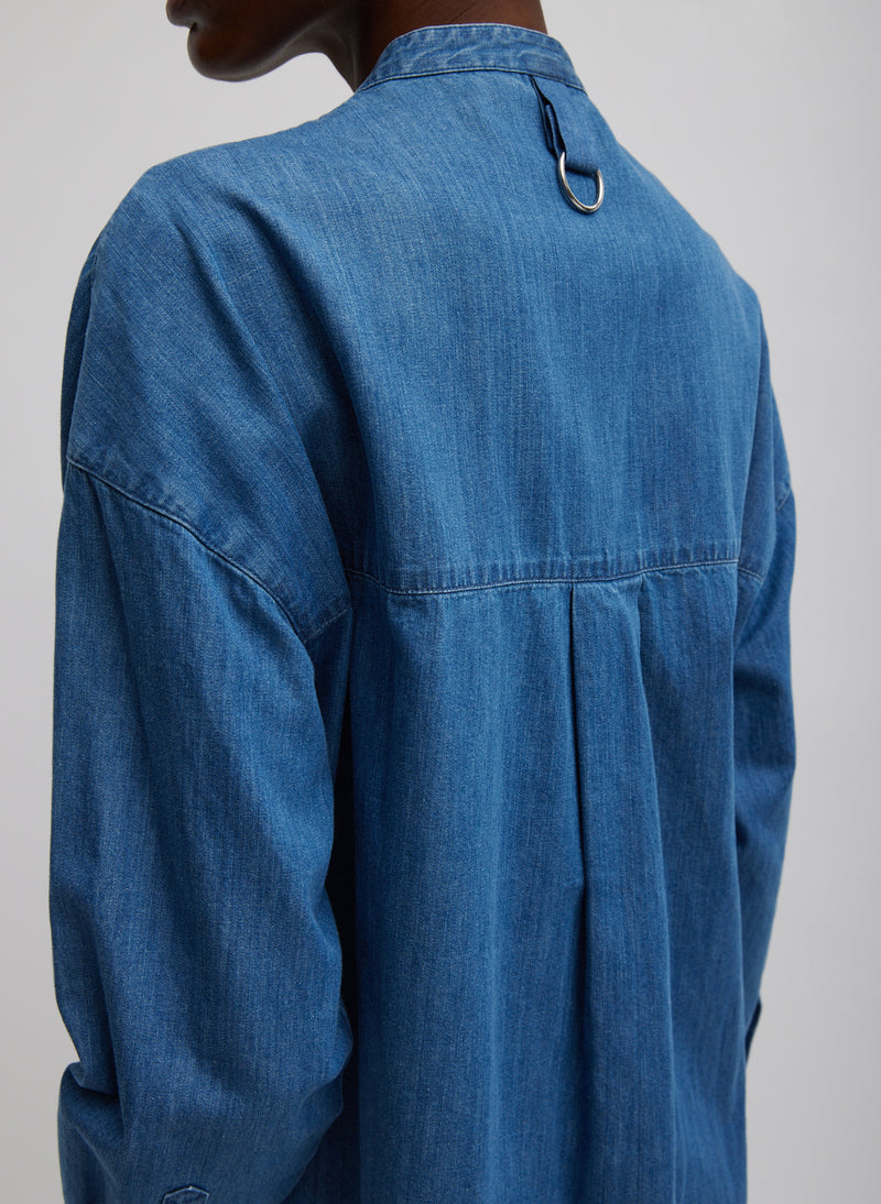 Light Weight Stone Wash Denim Tuxedo Shirt Denim Blue-3