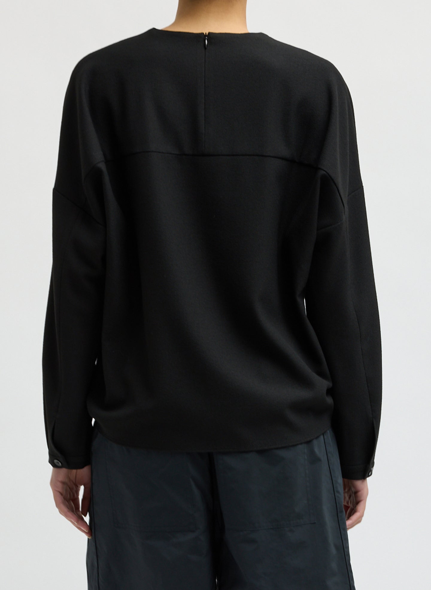 Black Mica Crepe V-Neck Top - long sleeve blouse, back view on model