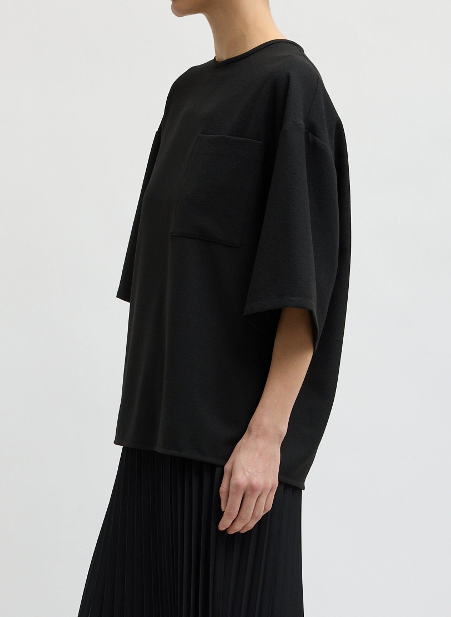 Black Mica Crepe Easy T-Shirt - oversized crepe t-shirt, side view on model