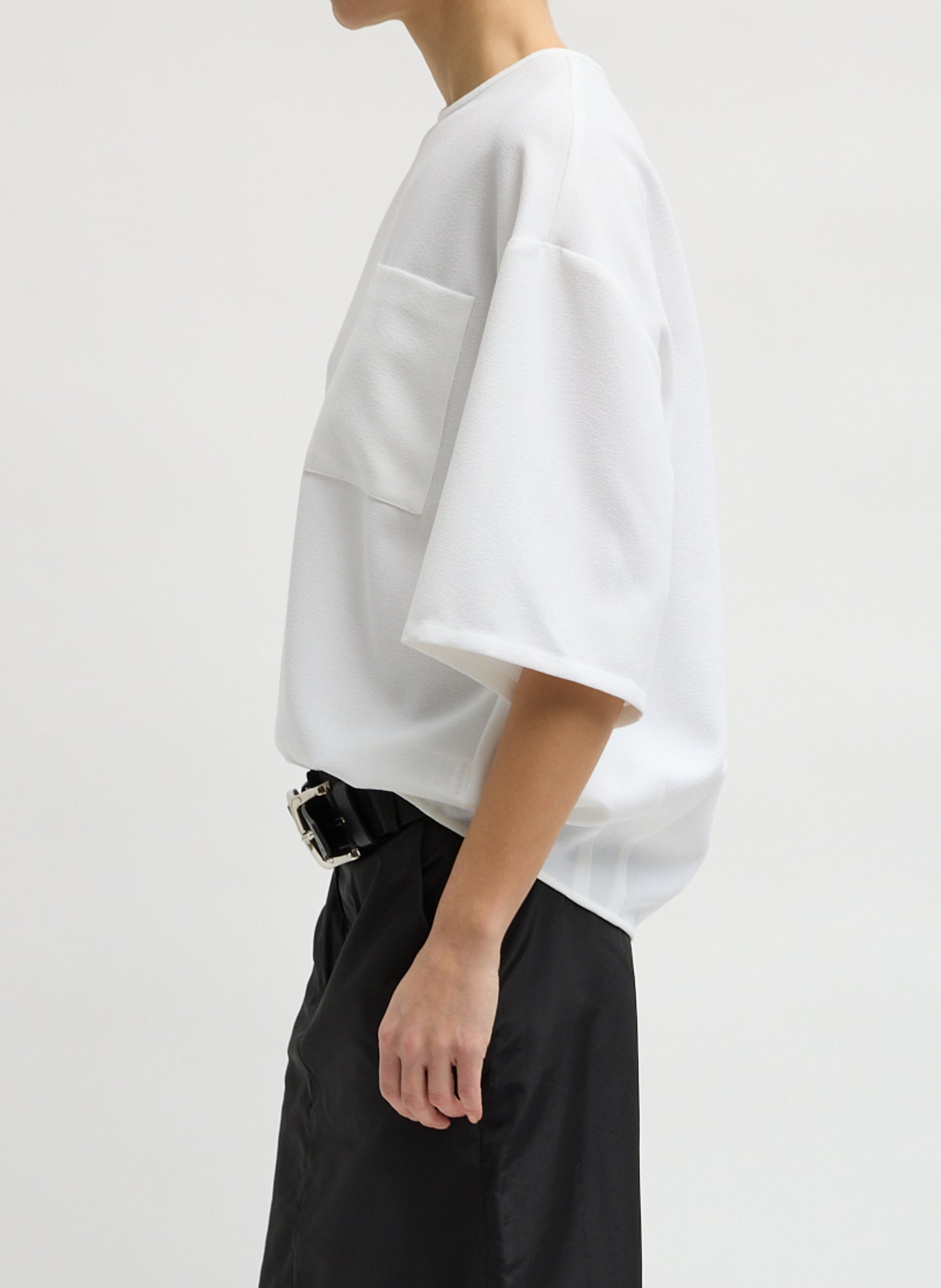 White Mica Crepe Easy T-Shirt - oversized crepe t-shirt, side view on model