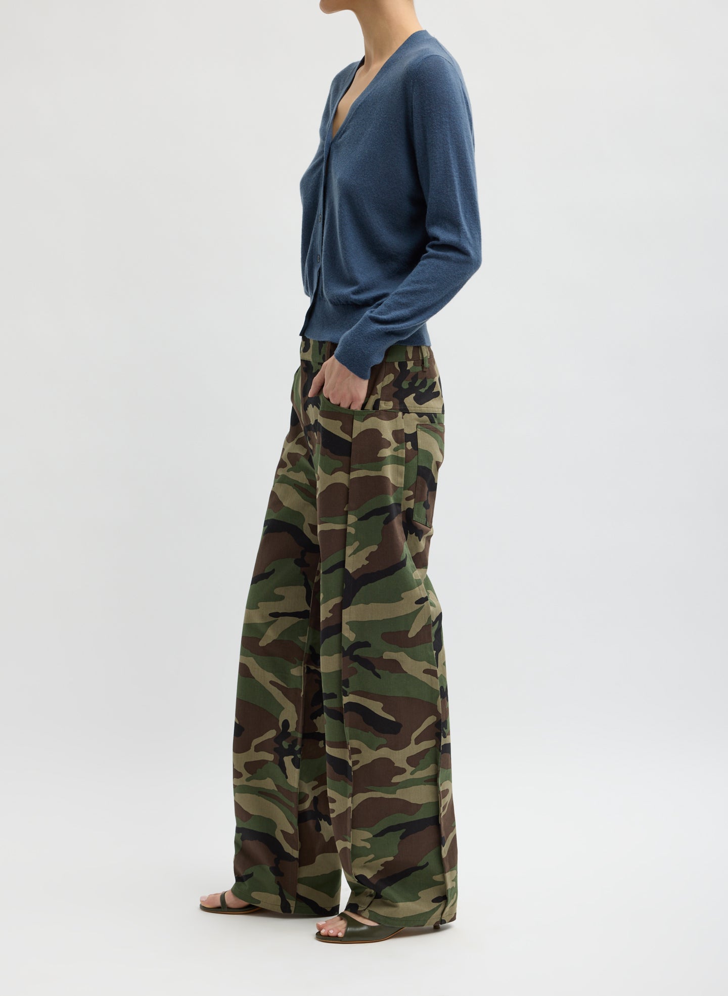Army Green Camouflage Twill Tuck Jean - barrel leg, side view on model