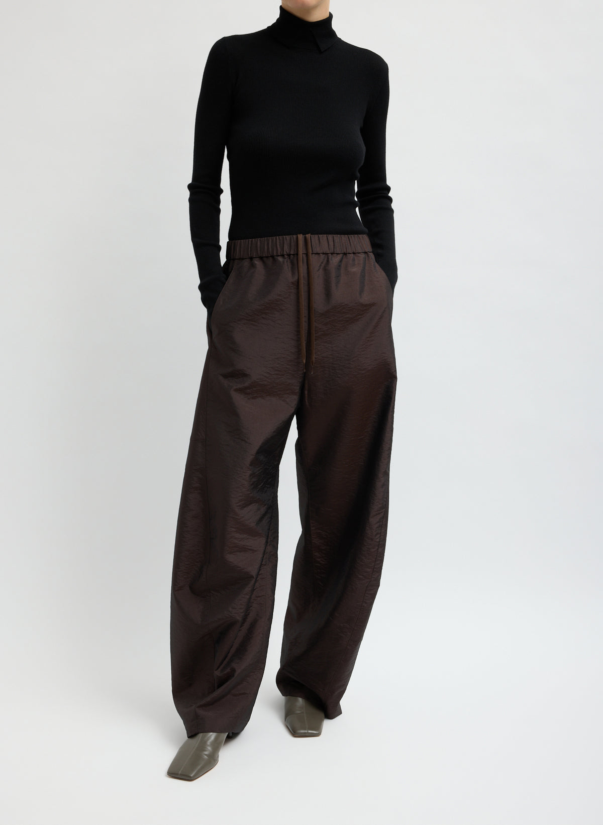 Crispy Nylon Winslow Pant - Dark Brown Crispy Nylon Winslow Pant - barrel leg pull on pant, front view on model