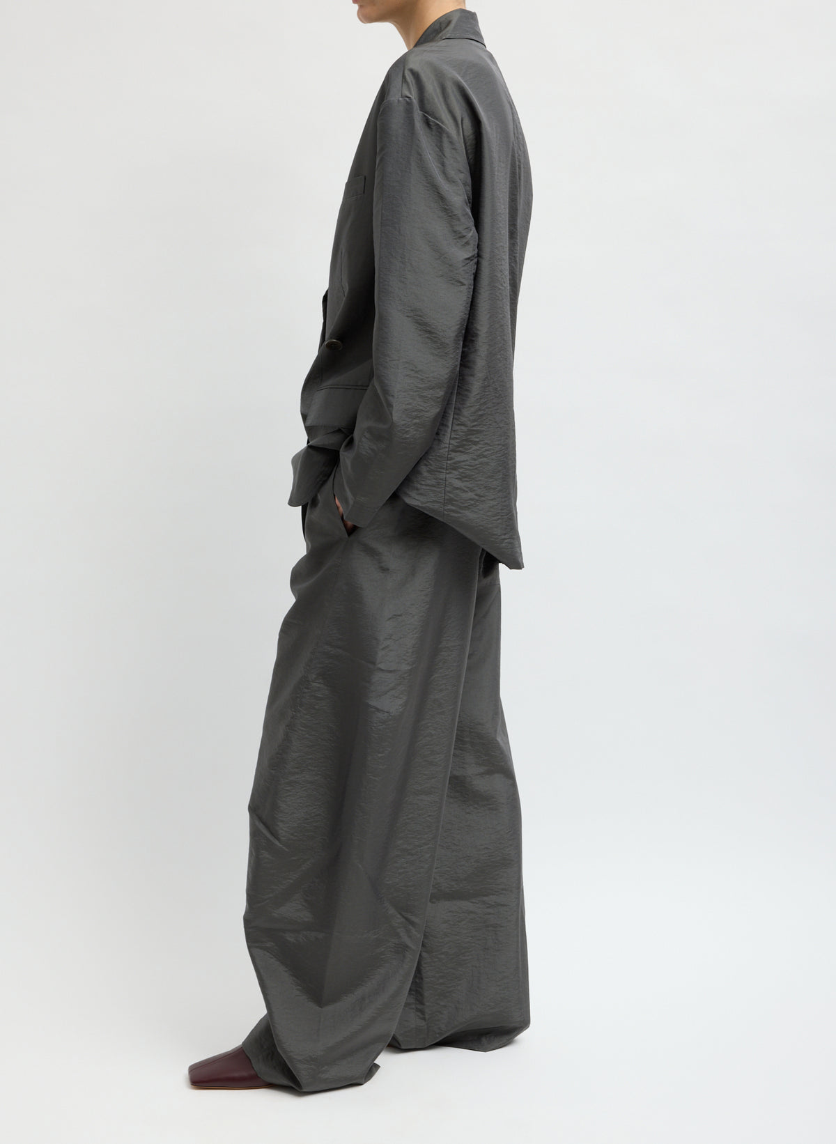 Metal Crispy Nylon Winslow Pant - barrel leg pull on pant, side view on model