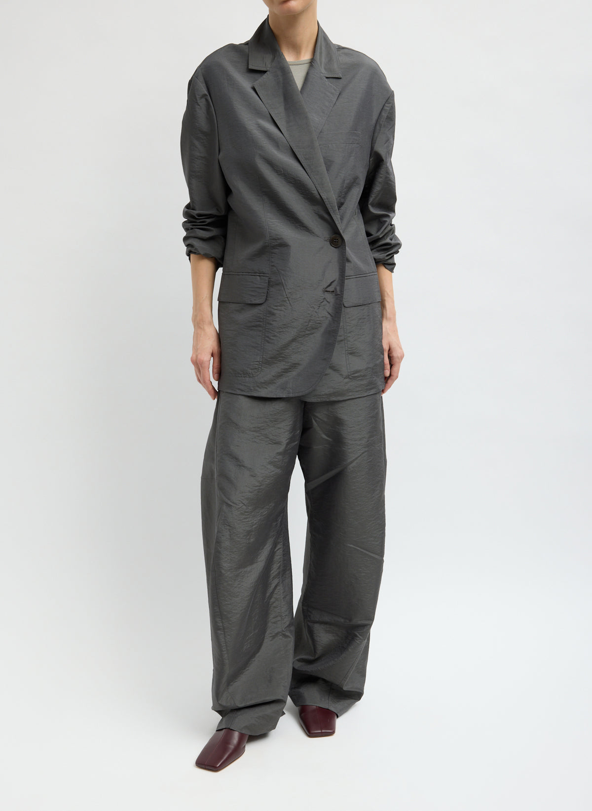 Metal Crispy Nylon Winslow Pant - barrel leg pull on pant, front view on model