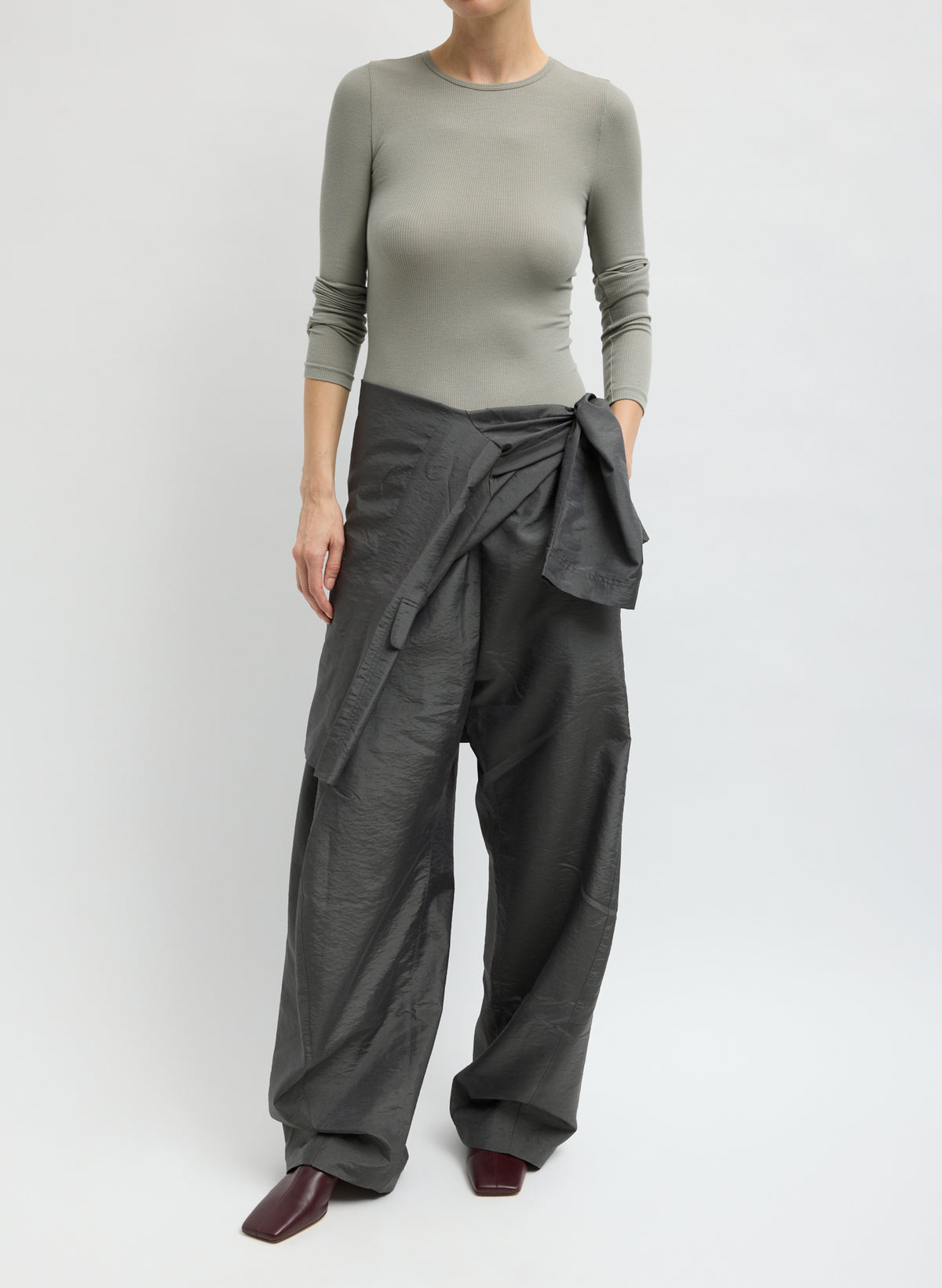 Metal Crispy Nylon Winslow Pant - barrel leg pull on pant, front view on model