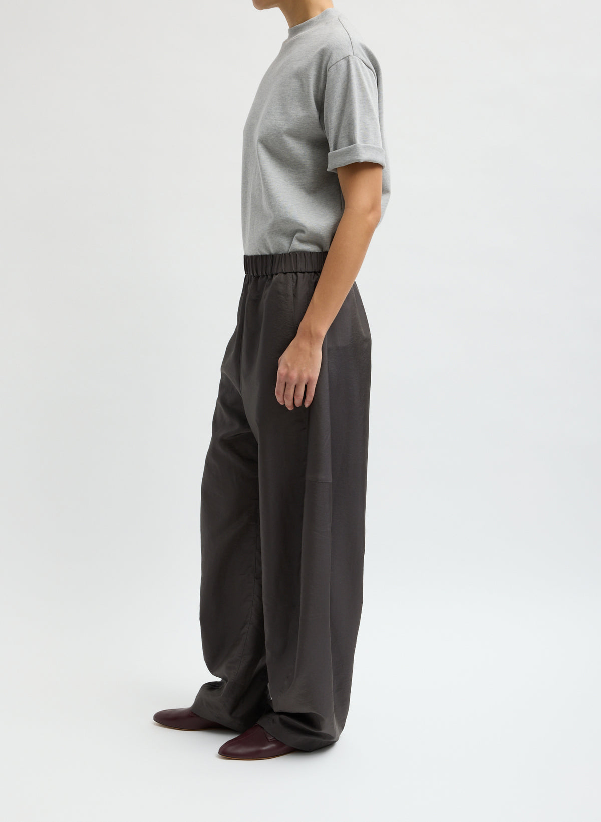Steel Grey Crispy Nylon Winslow Pant - barrel leg pull on pant, side view on model