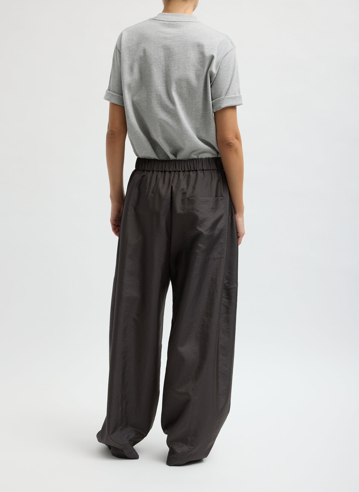 Steel Grey Crispy Nylon Winslow Pant - barrel leg pull on pant, back view on model