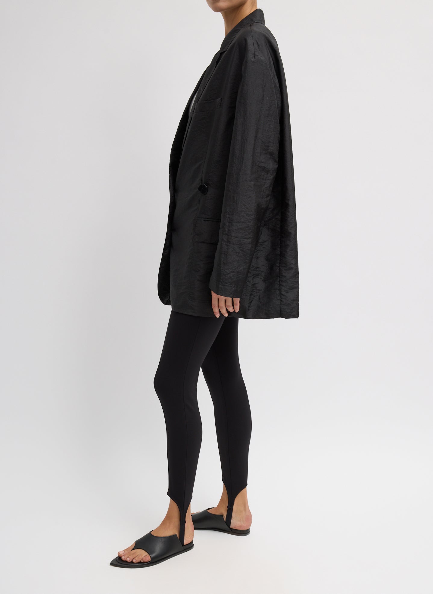Black Crispy Nylon Liam Blazer - oversized blazer, side view on model