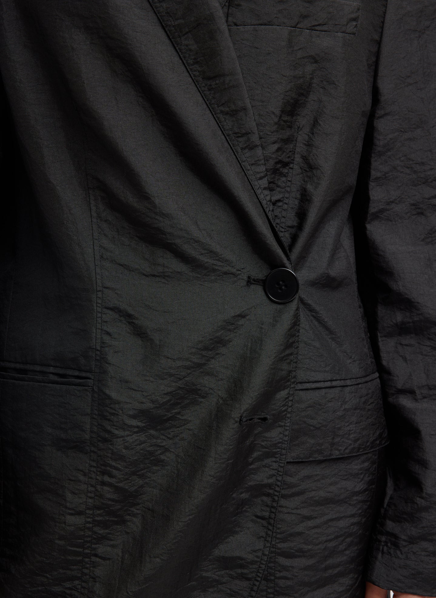 Black Crispy Nylon Liam Blazer - closeup of button detail