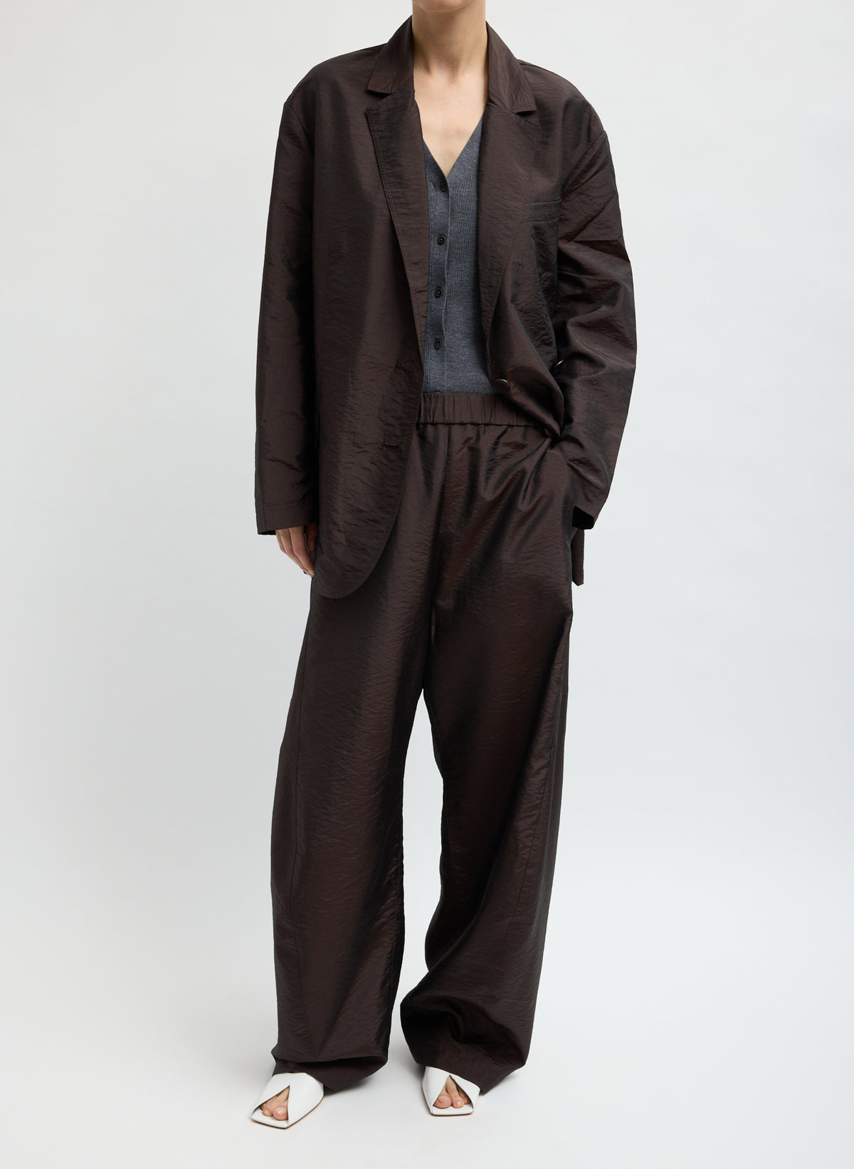 Crispy Nylon Liam Blazer - Dark Brown Crispy Nylon Liam Blazer - front view on model