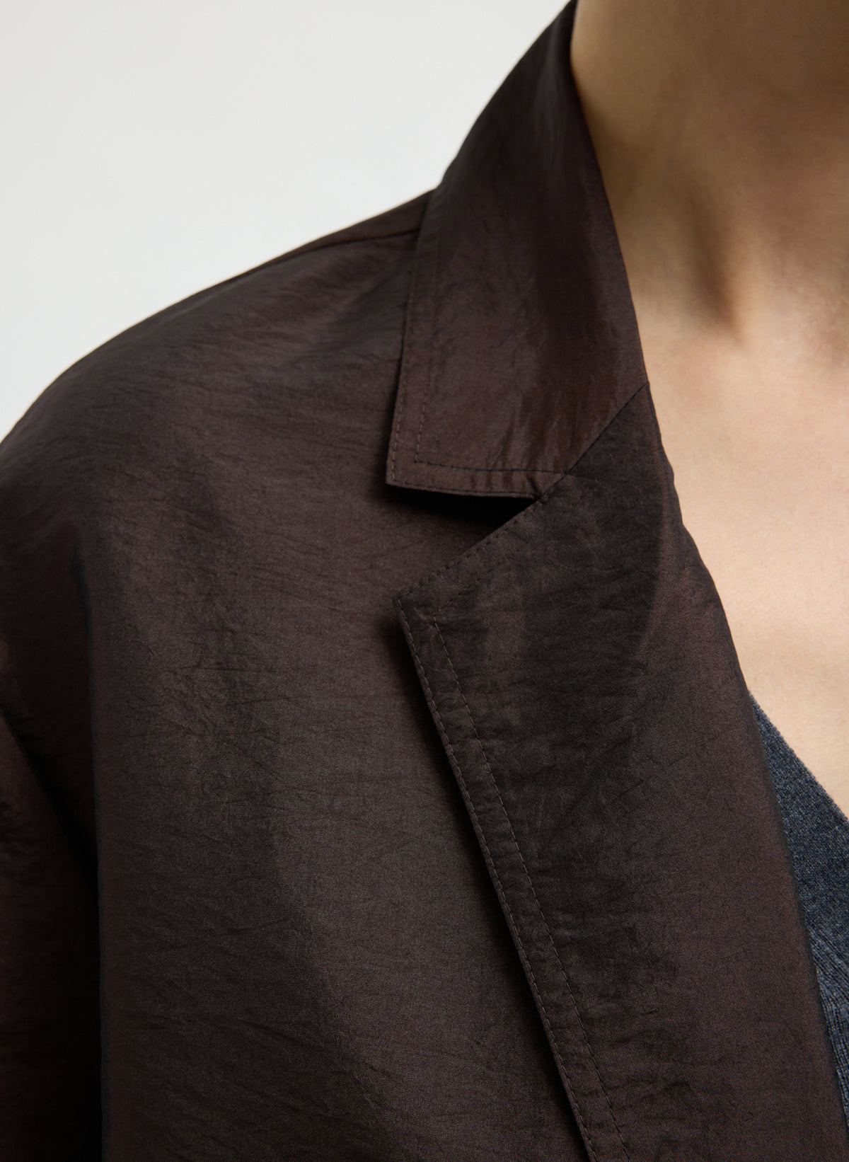 Dark Brown Crispy Nylon Liam Blazer - closeup of lapel detail