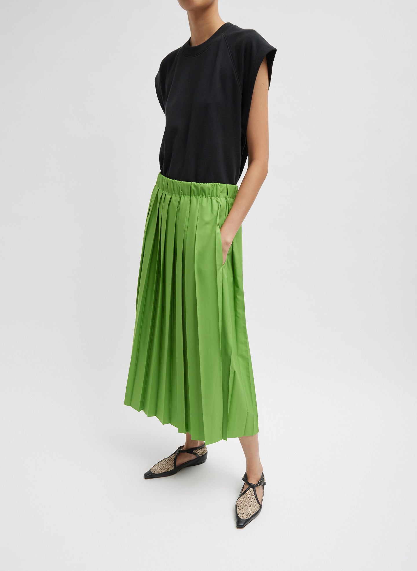 Nylon Pleated Pull On Skirt - Lime-1