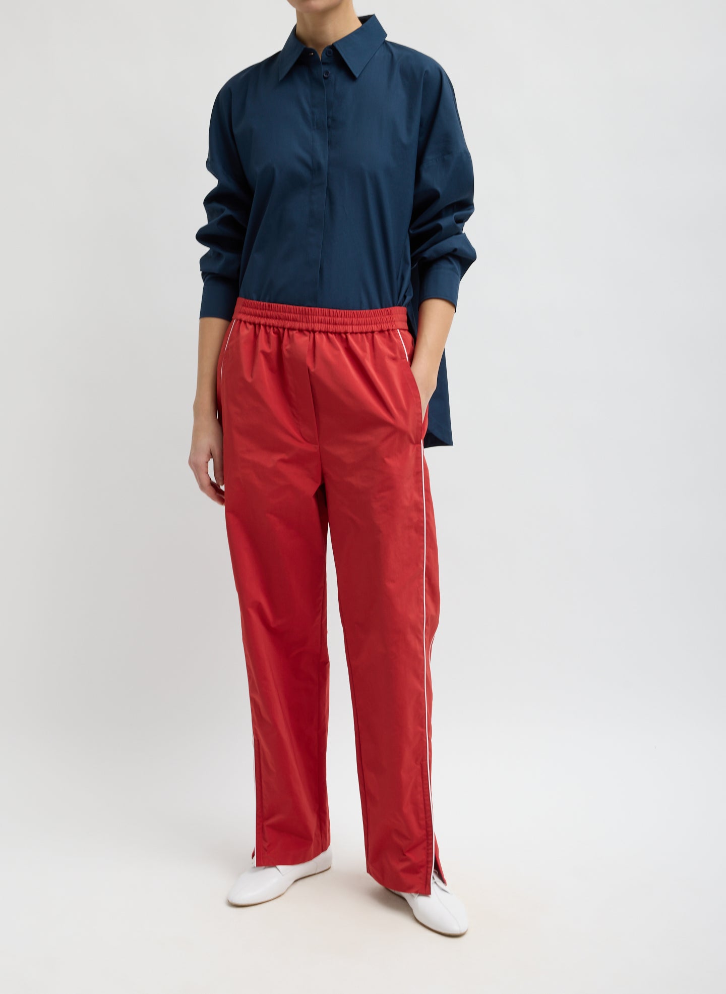 Red Nylon Piped Jogger - front view on model