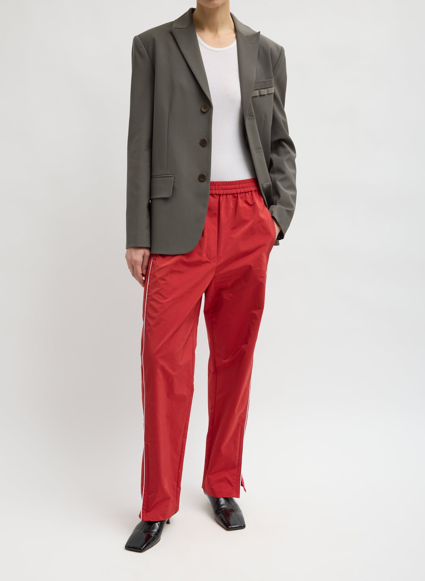 Red Nylon Piped Jogger - front view on model