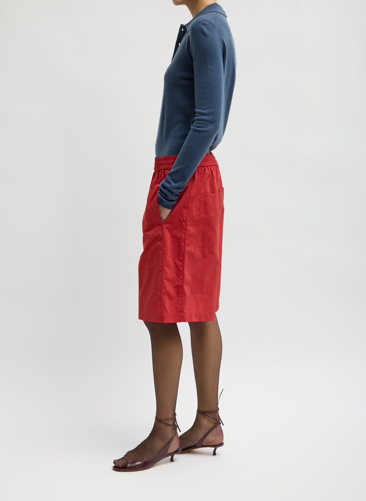 Red Nylon Easy Short - side view on model