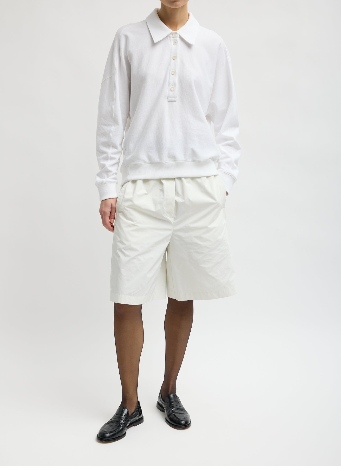 White Nylon Easy Short - full look, front view on model