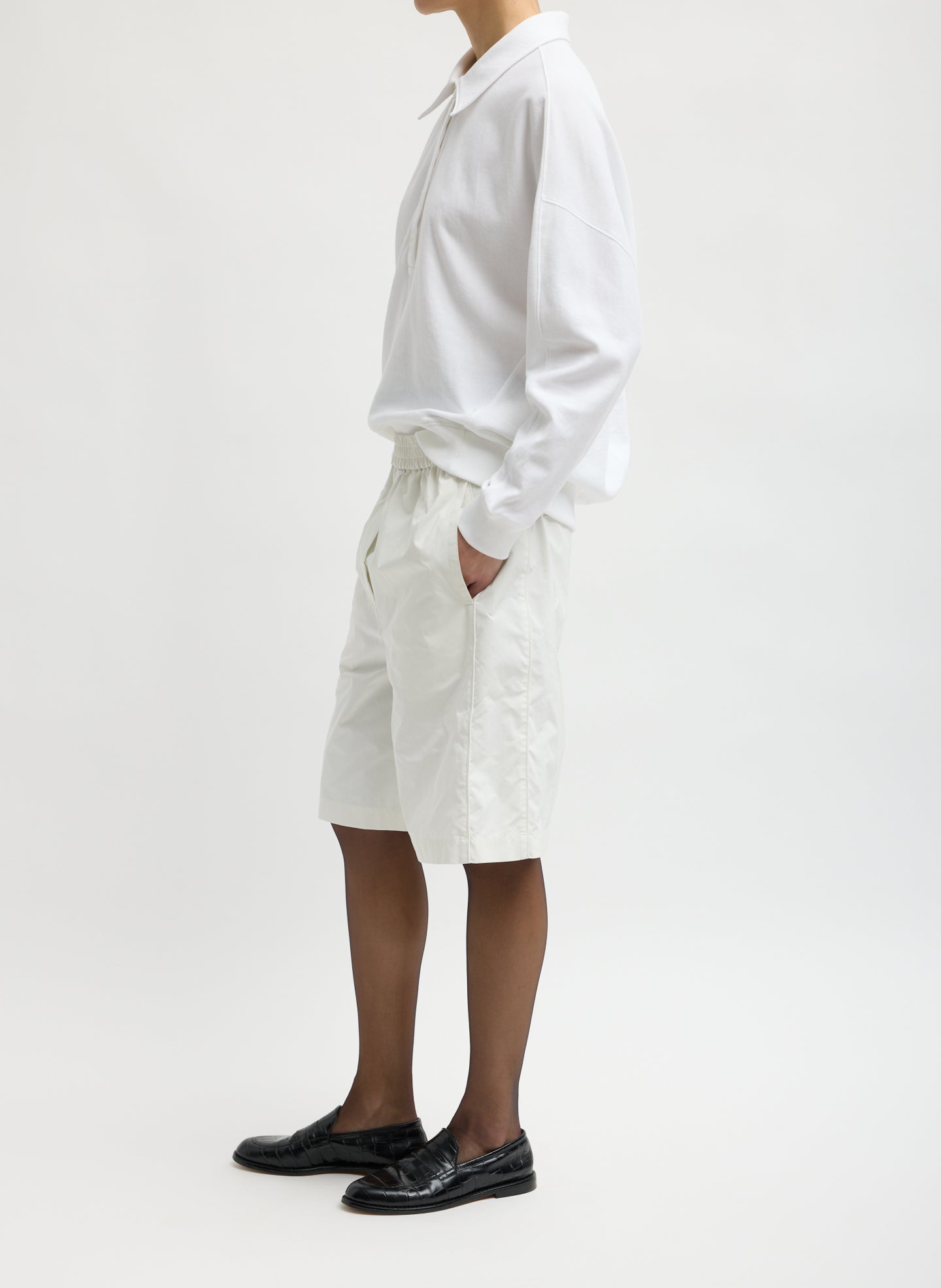White Nylon Easy Short - side view on model
