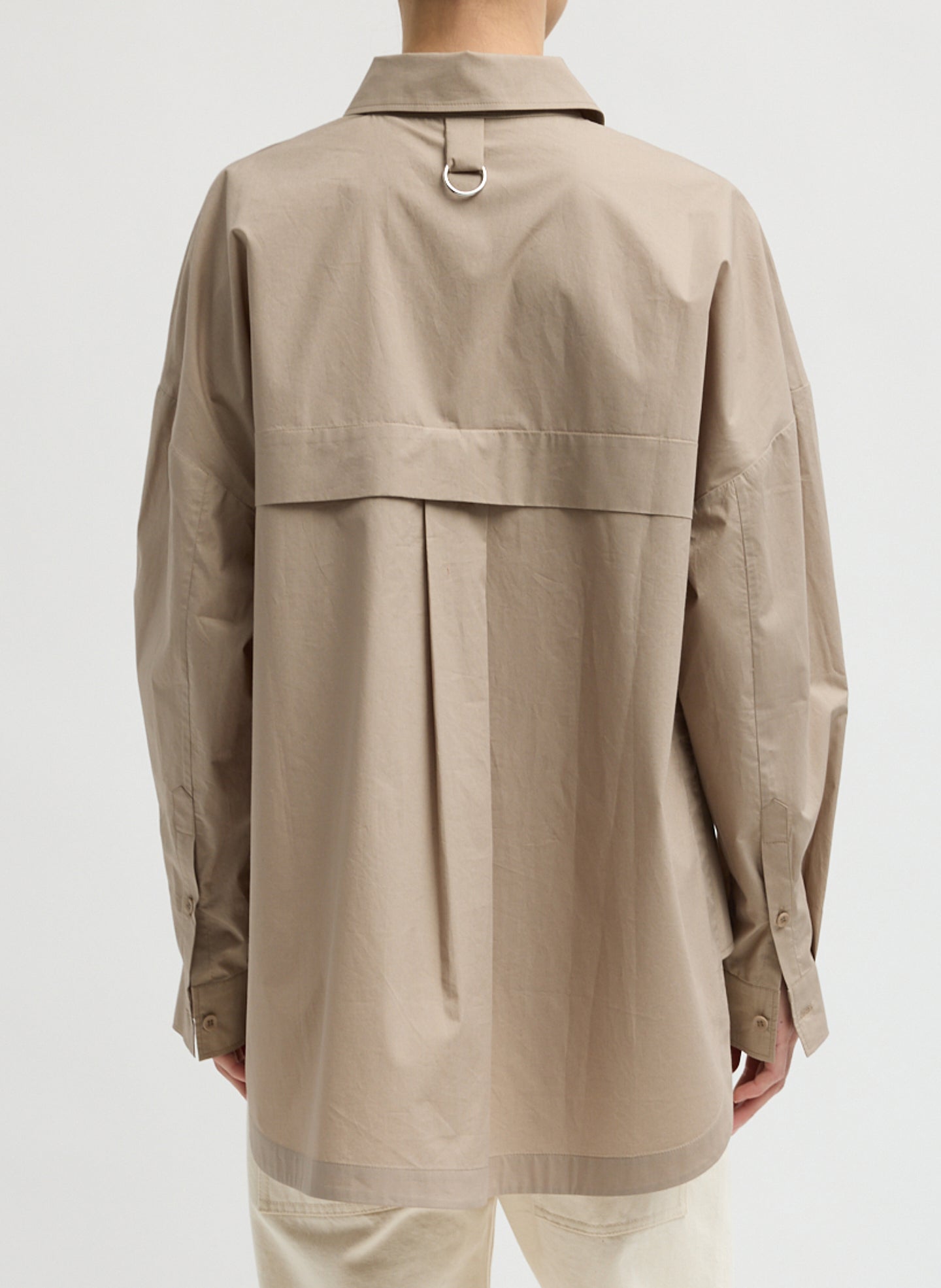 Dark Stone Beige Gabe Shirt - oversized button down top, back view on model
