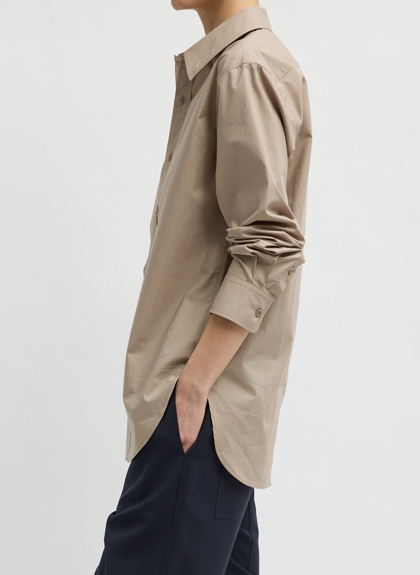 Dark Stone Beige Charlie Shirt - button down shirt, side view on model