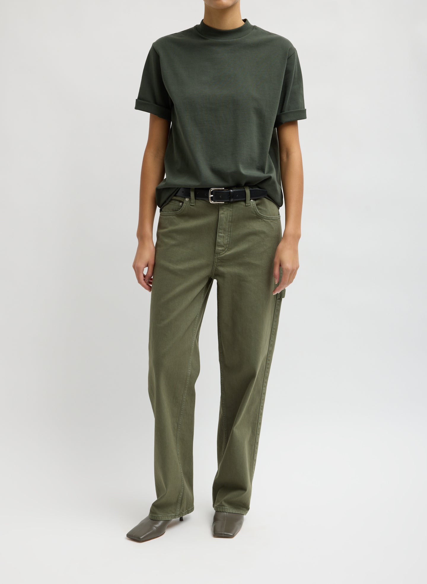 Dark Green Perfect Unisex T-Shirt - full look, front view on model
