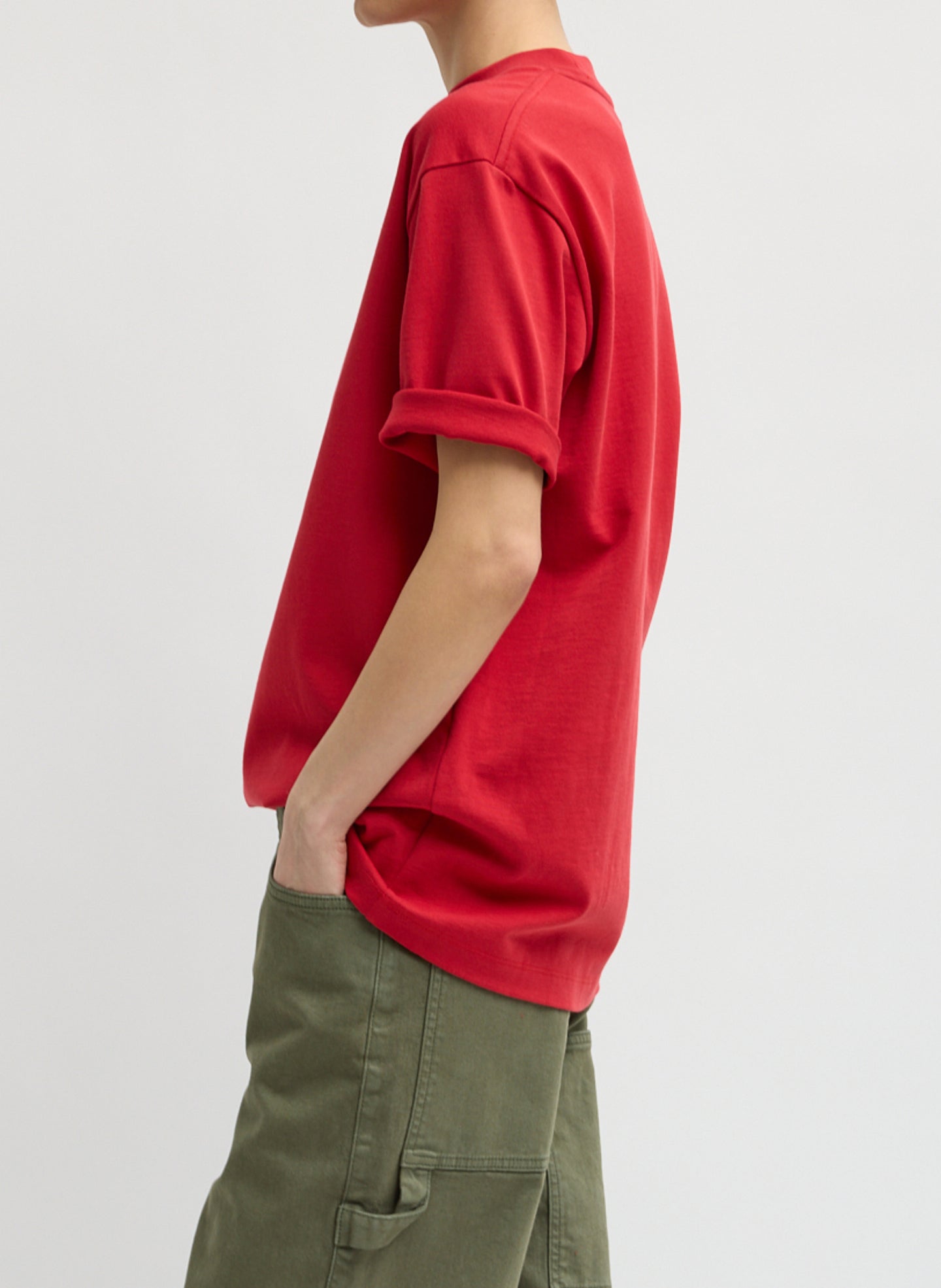 Red Perfect Unisex T-Shirt - oversized t-shirt, side view on model