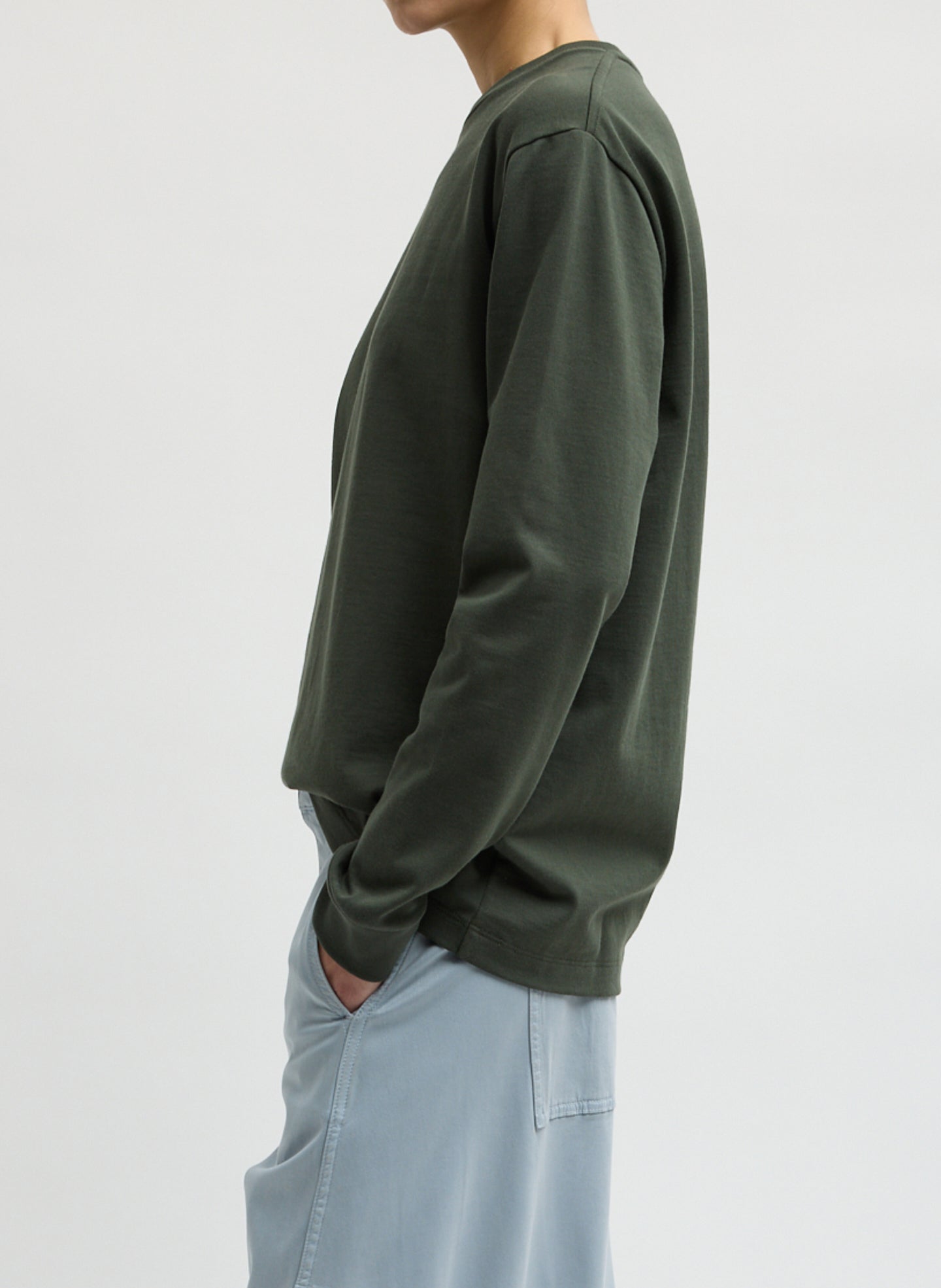 Dark Green Perfect Unisex Long Sleeve T-Shirt - long-sleeve t-shirt, side view on model