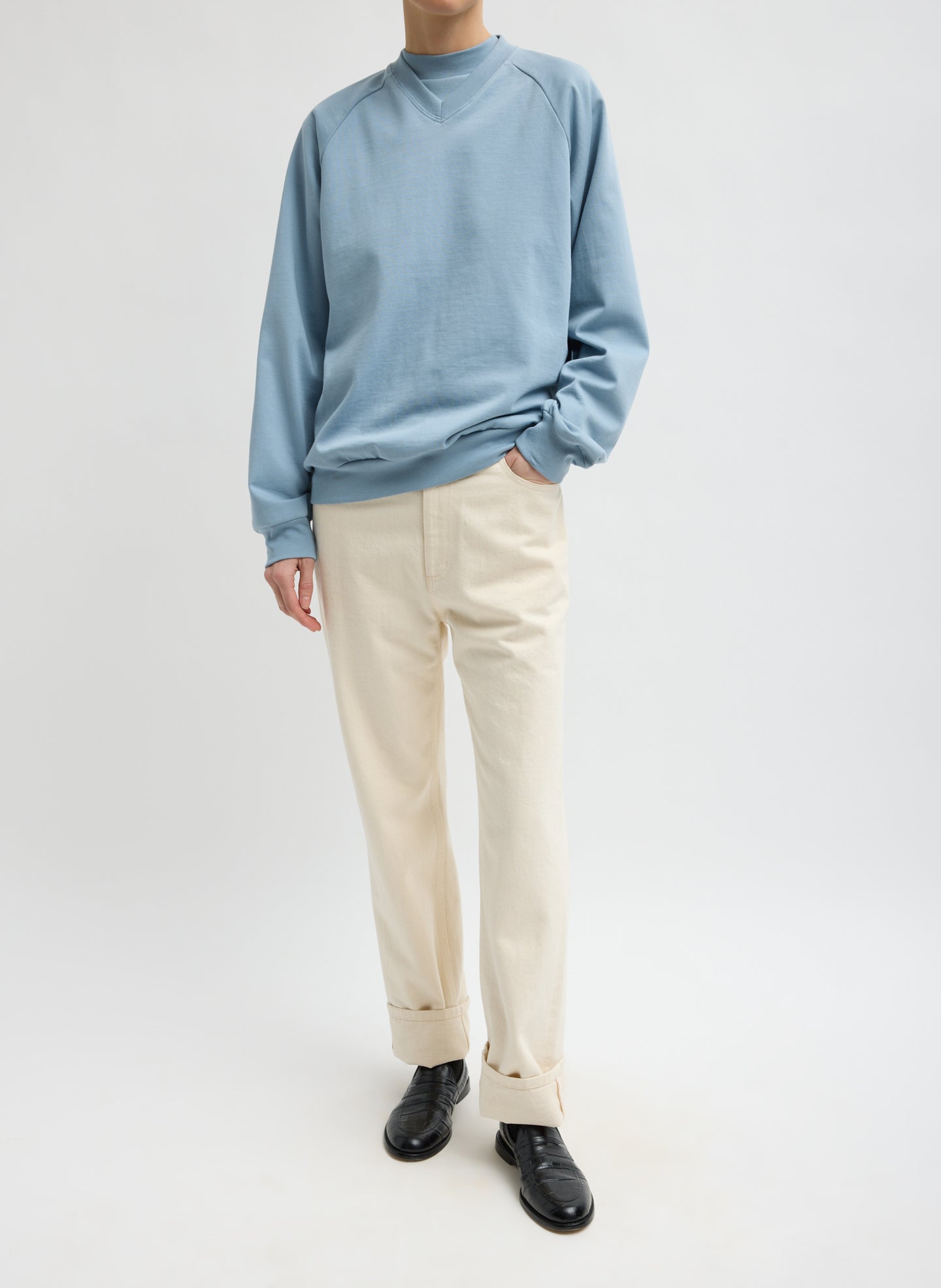 Light Blue Perfect T-Shirt Vintage Sweatshirt - full look, front view on model