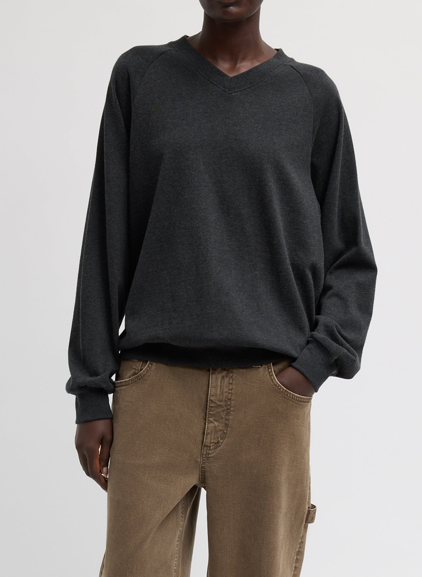 Perfect T-Shirt Vintage Sweatshirt - Charcoal Grey Perfect T Vintage Sweatshirt - v-neck sweatshirt, front view on model