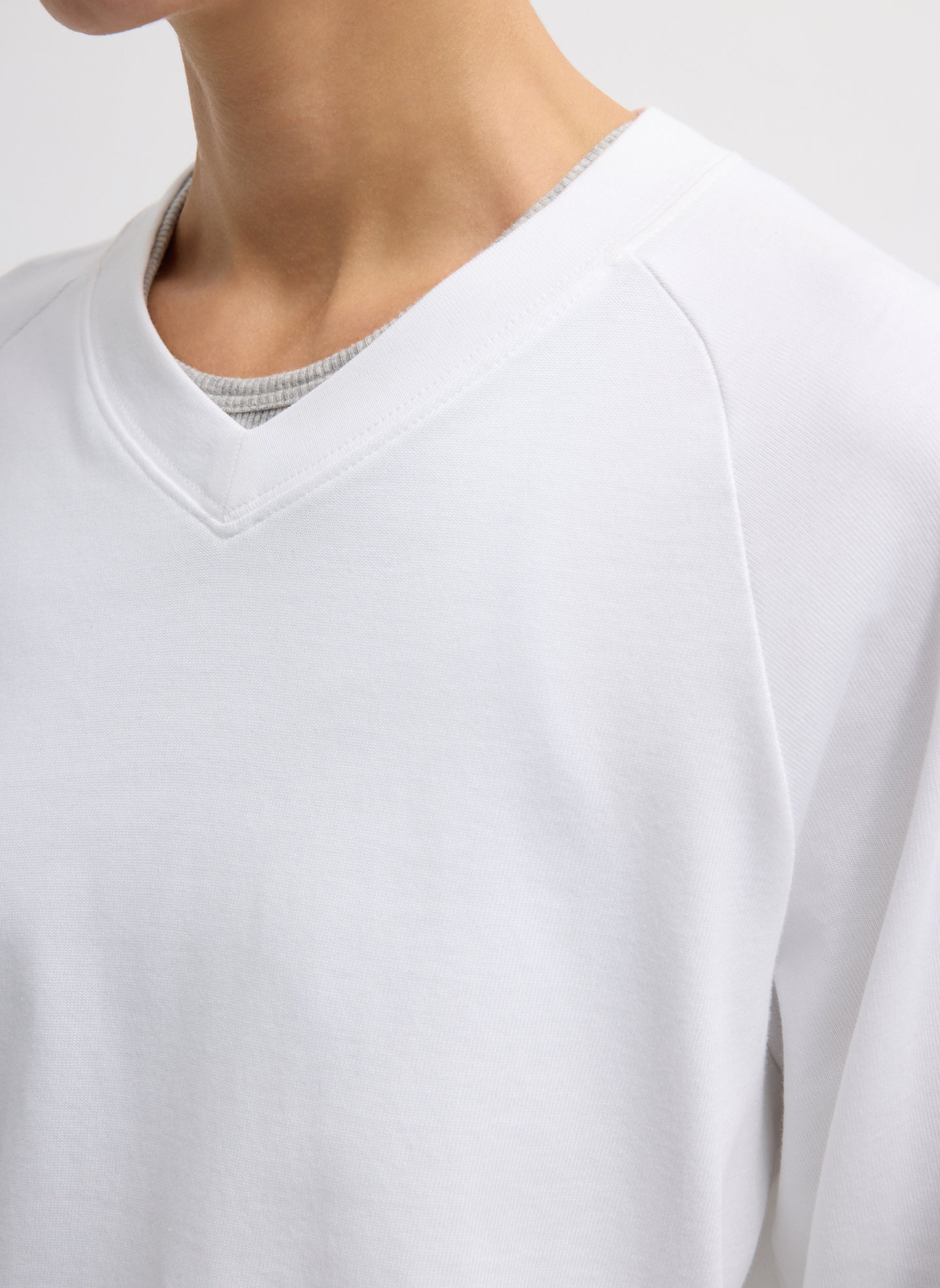 White Perfect T Vintage Sweatshirt - closeup of v-neck detail