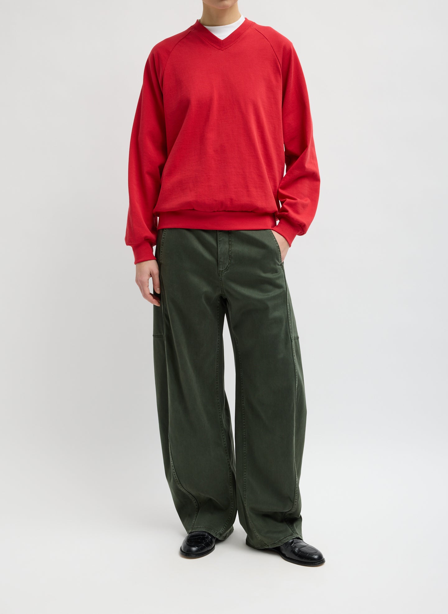 Army Green Garment Dyed Stretch Twill Sid Pant - barrel leg, front view on model
