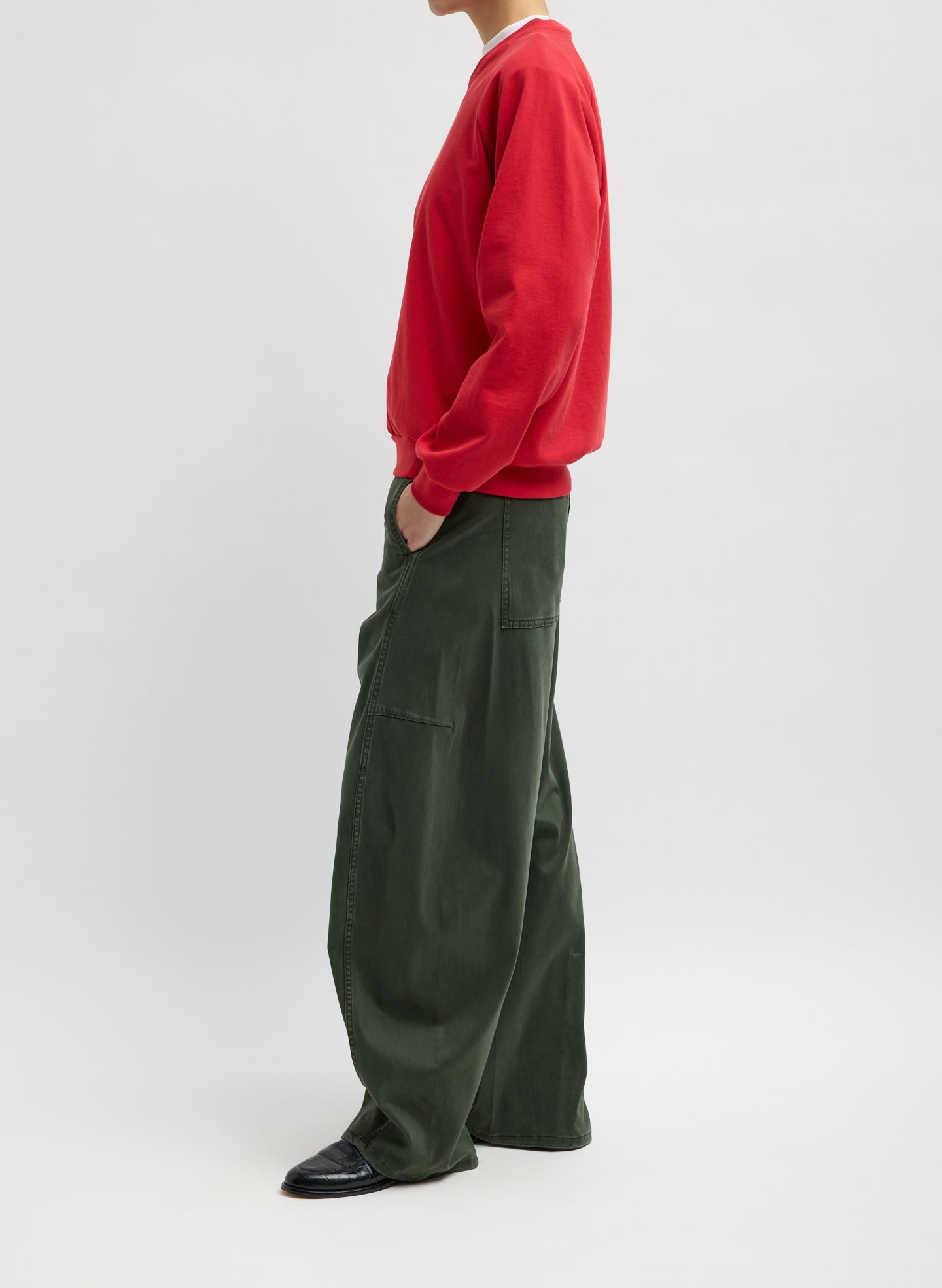 Army Green Garment Dyed Stretch Twill Sid Pant - barrel leg, side view on model