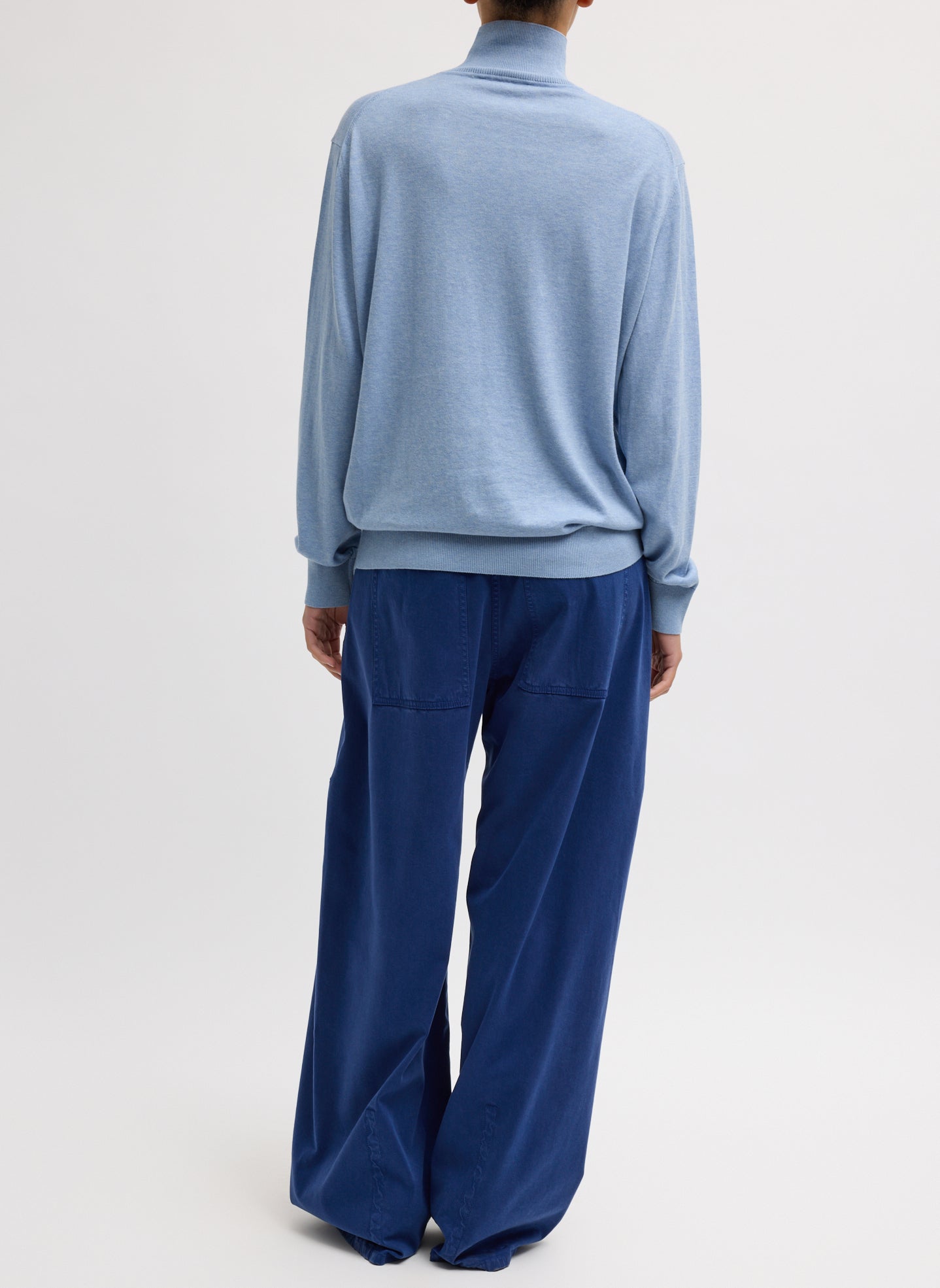 Bright Navy Blue Garment Dyed Stretch Twill Sid Pant - barrel leg, back view on model