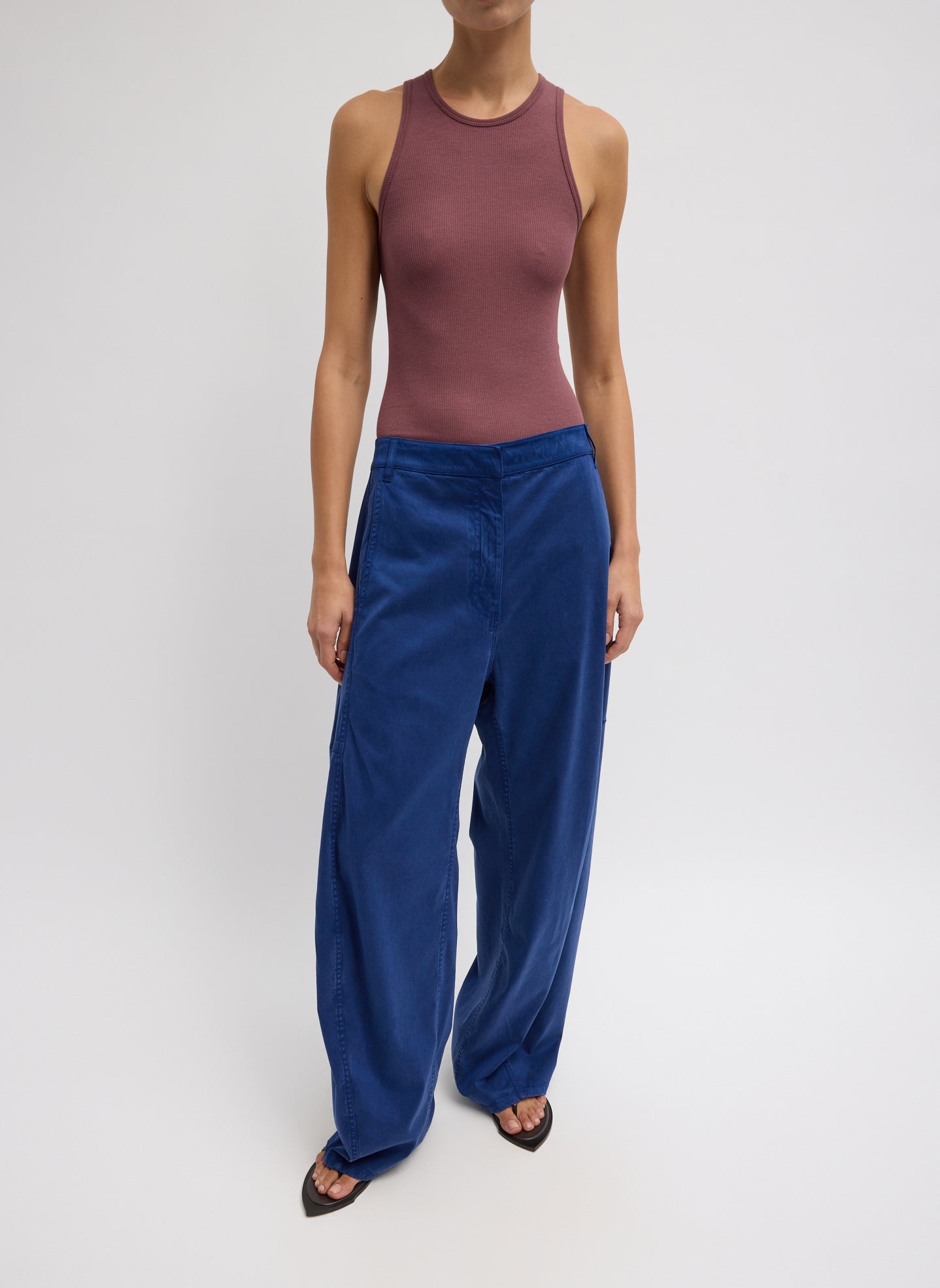 Bright Navy Blue Garment Dyed Stretch Twill Sid Pant - barrel leg, front view on model