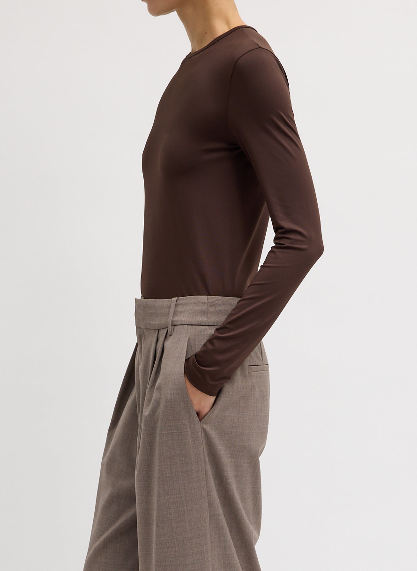 Hickory Brown Stretch Light Weight Tech Knit Pullover - long sleeve t-shirt, side view on model