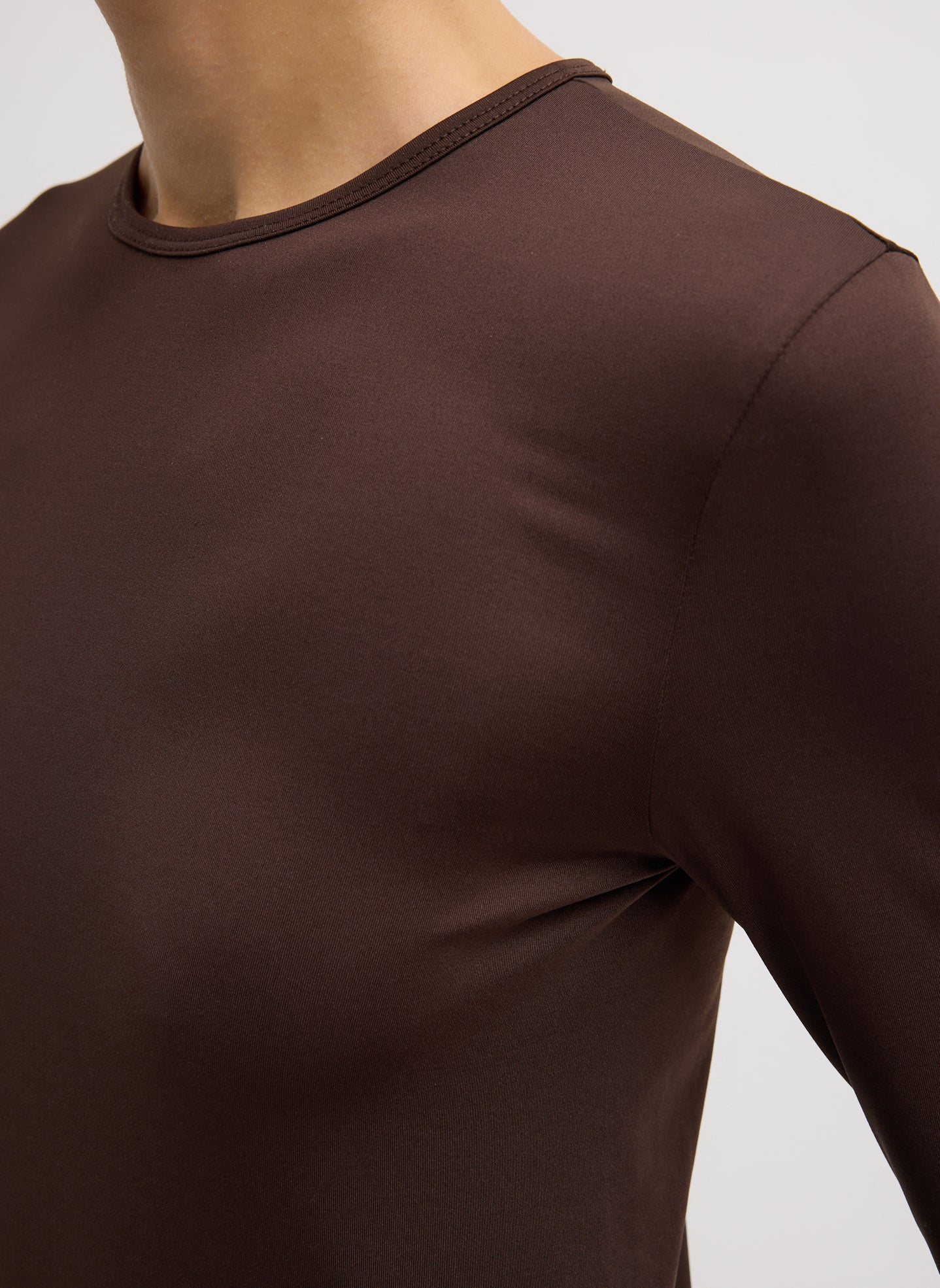 Hickory Brown Stretch Light Weight Tech Knit Pullover - closeup of neckline